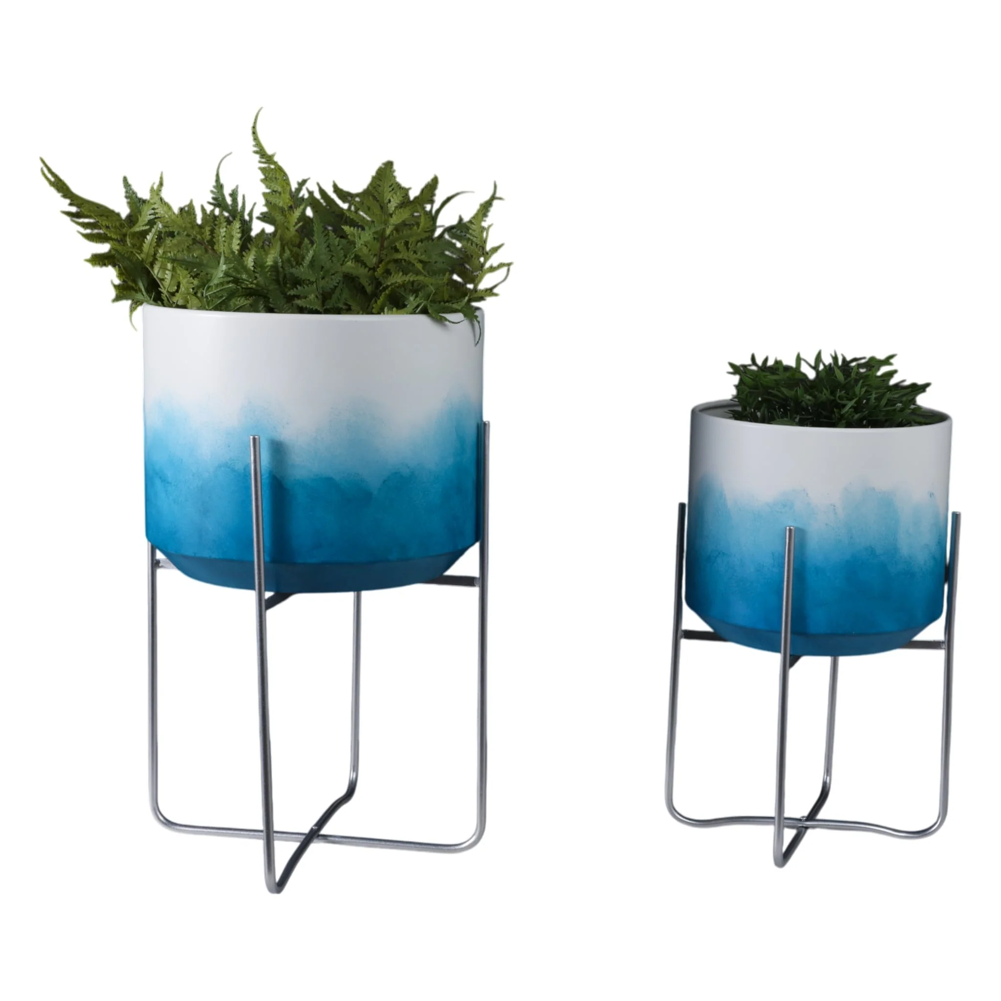 S/2 19/23" Ombre Metal Planters On Stands, Blue Kd - Image 2
