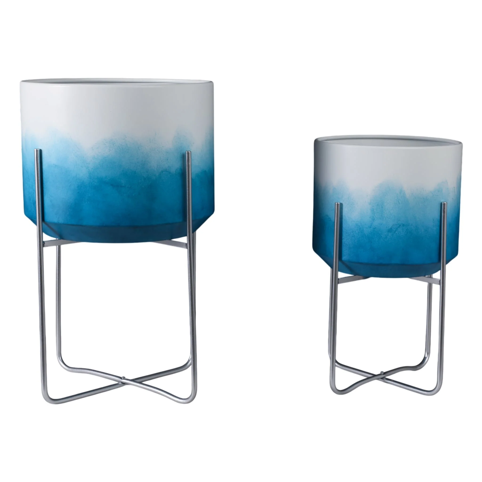 S/2 19/23" Ombre Metal Planters On Stands, Blue Kd - Image 3