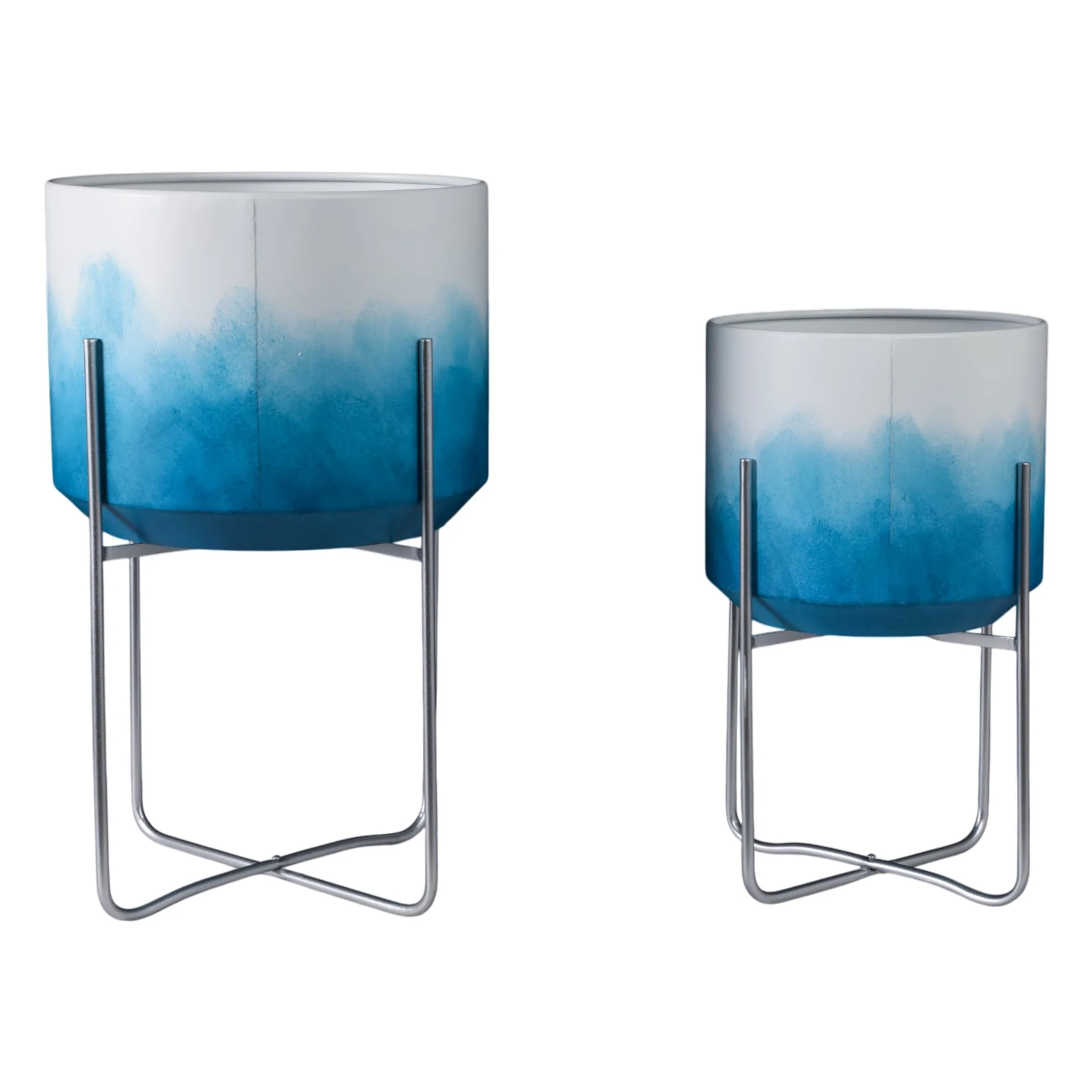 S/2 19/23" Ombre Metal Planters On Stands, Blue Kd - Image 4