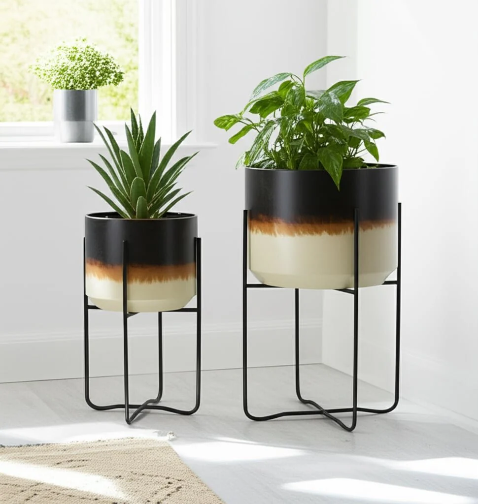S/2 19/23" Ombre Metal Planters On Stands, Brown K - Image 10
