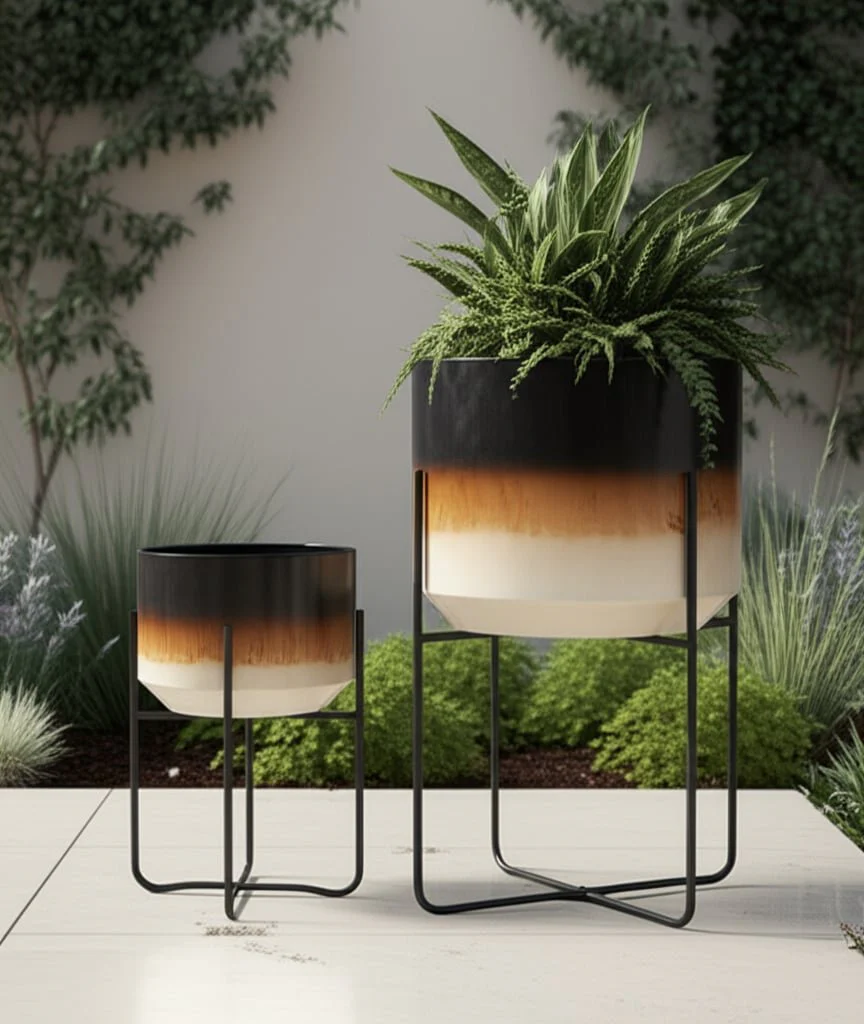 S/2 19/23" Ombre Metal Planters On Stands, Brown K - Image 9