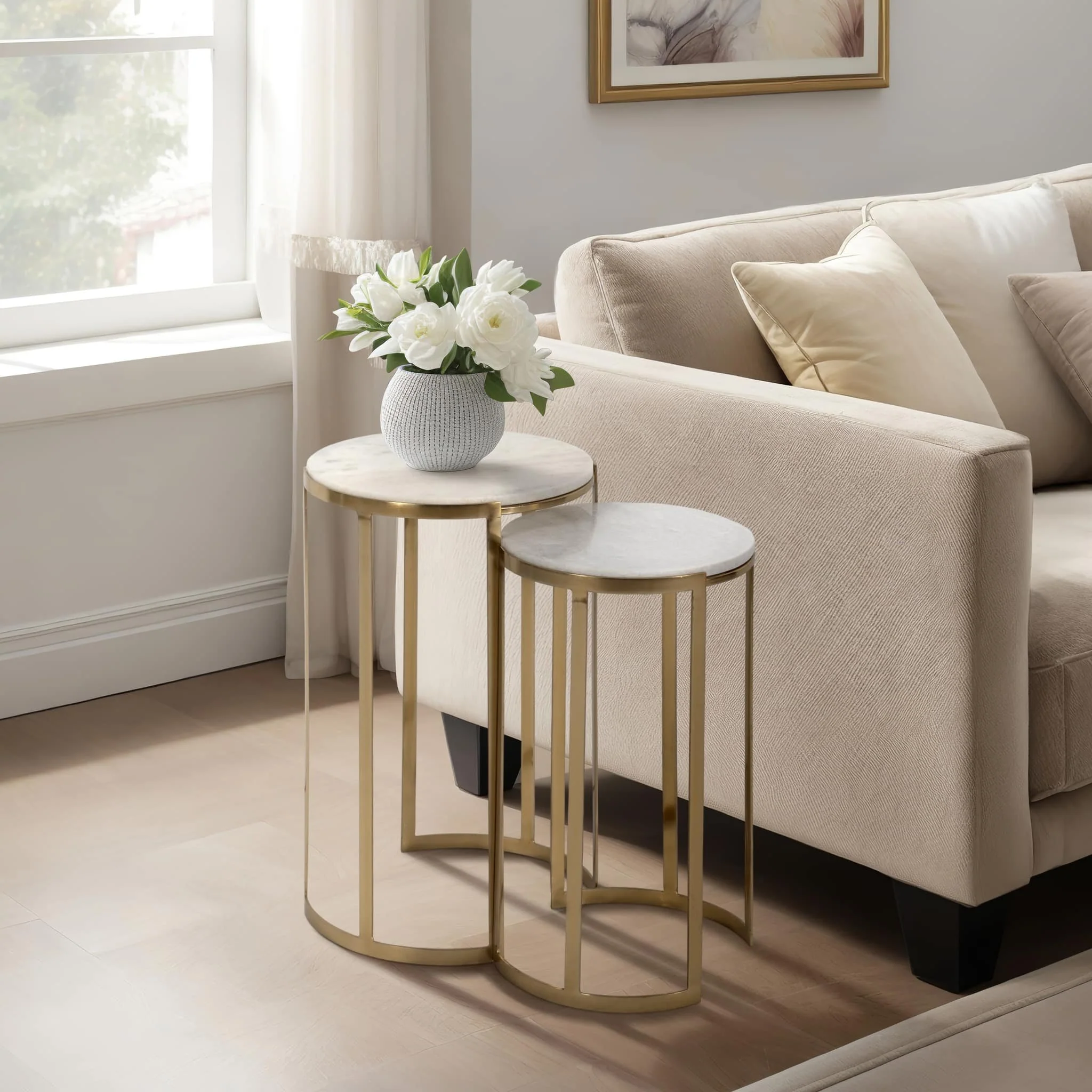 S/2 20/22" Morwar Marble Top Accent Tables, White/ - Image 11