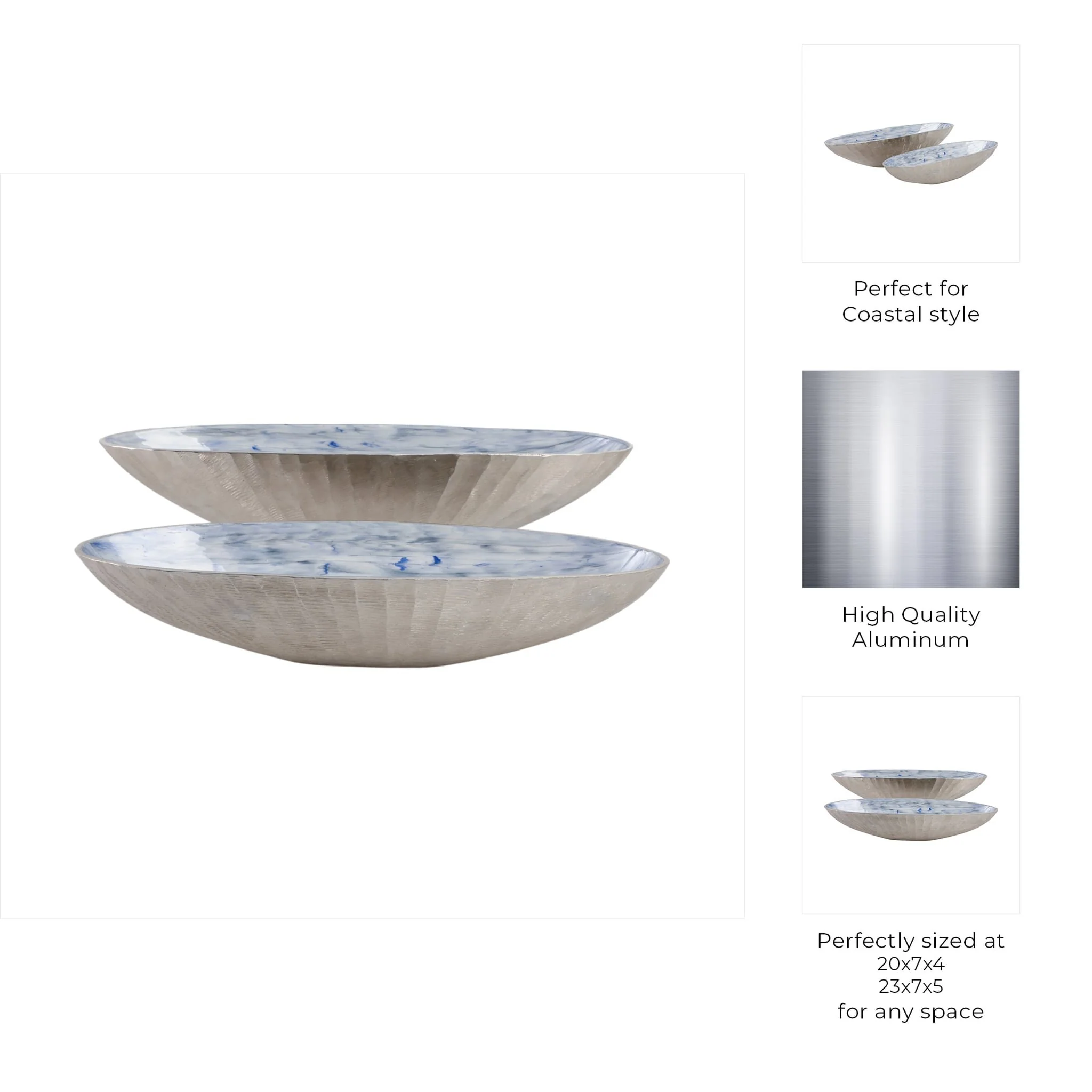 S/2 20/23" Oval Metal Bowl W/ Enamel,light Blu/sil - Image 10