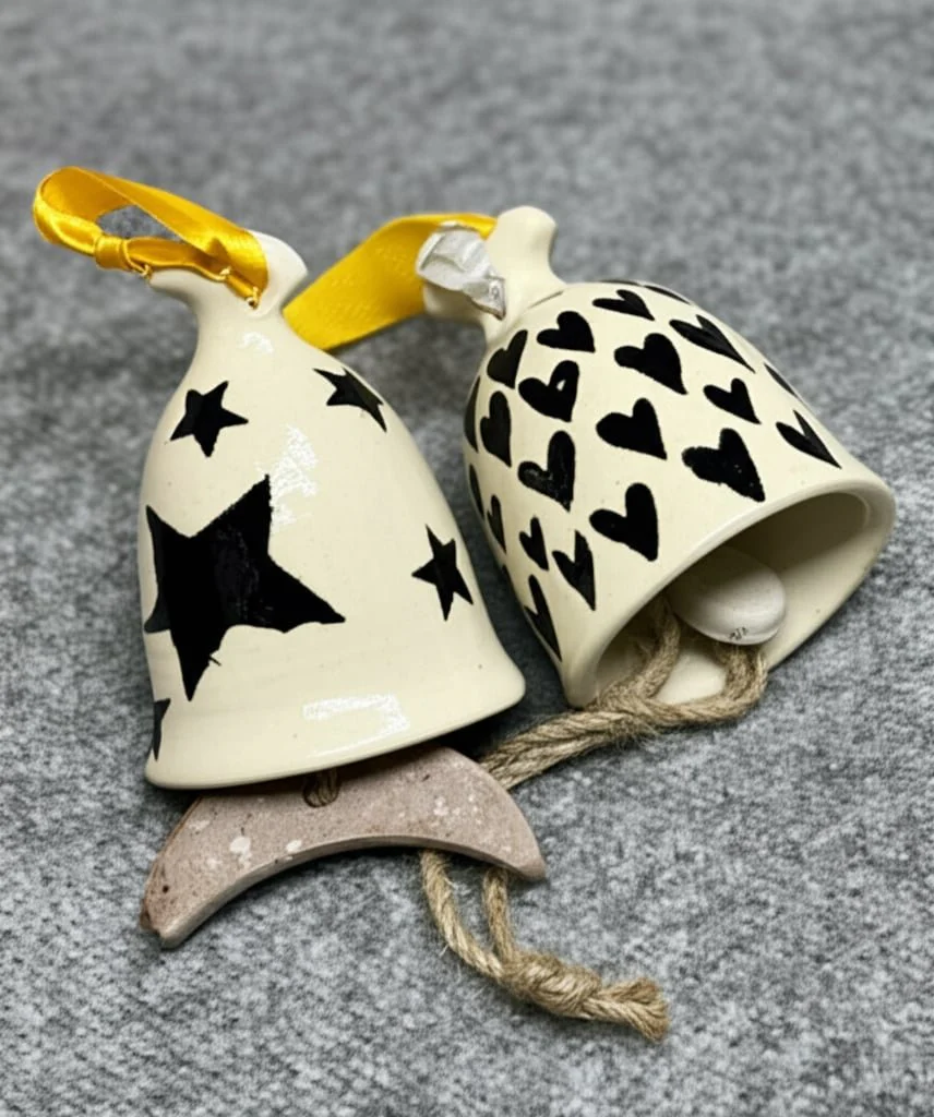 S/2 3" Ceramic Hand Painted Bells, White/black - Image 5