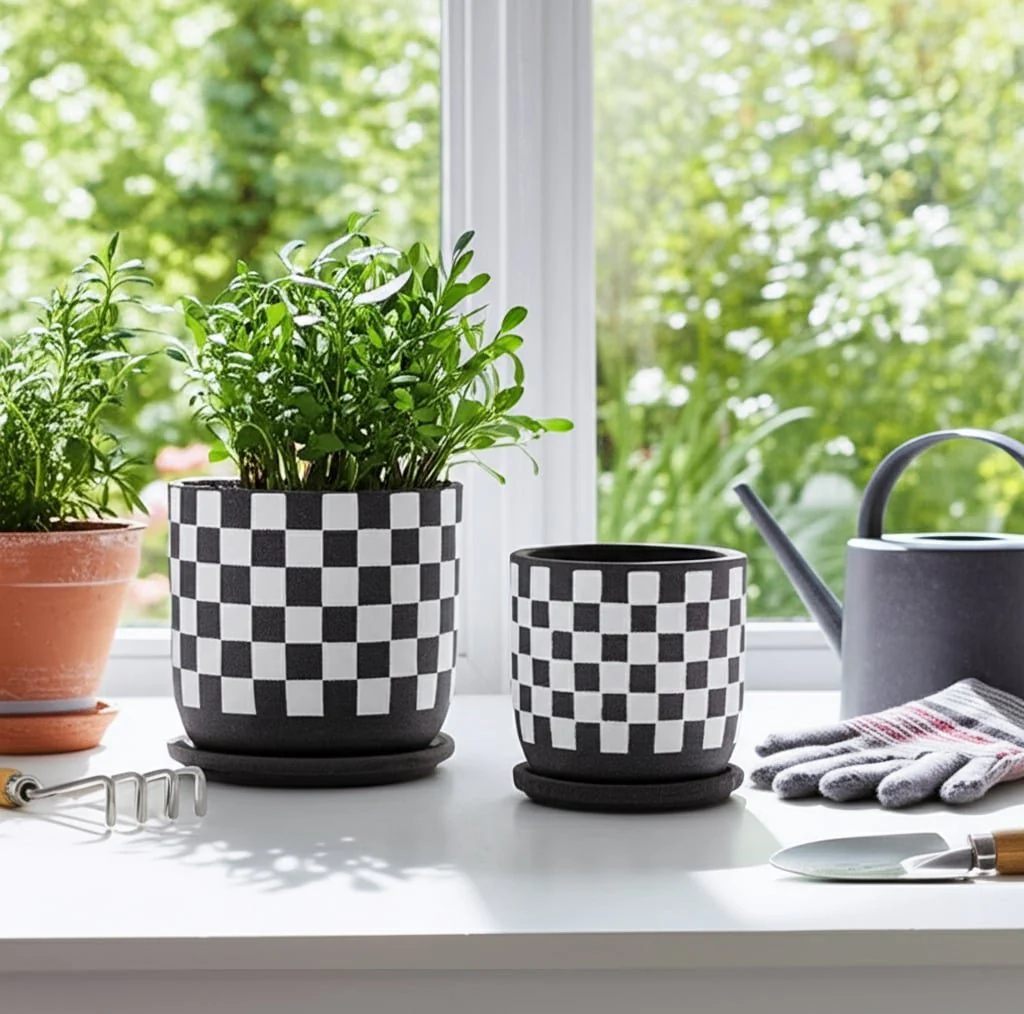S/2 5/6" Checkerboard Saucer Planters, Black/white - Image 10