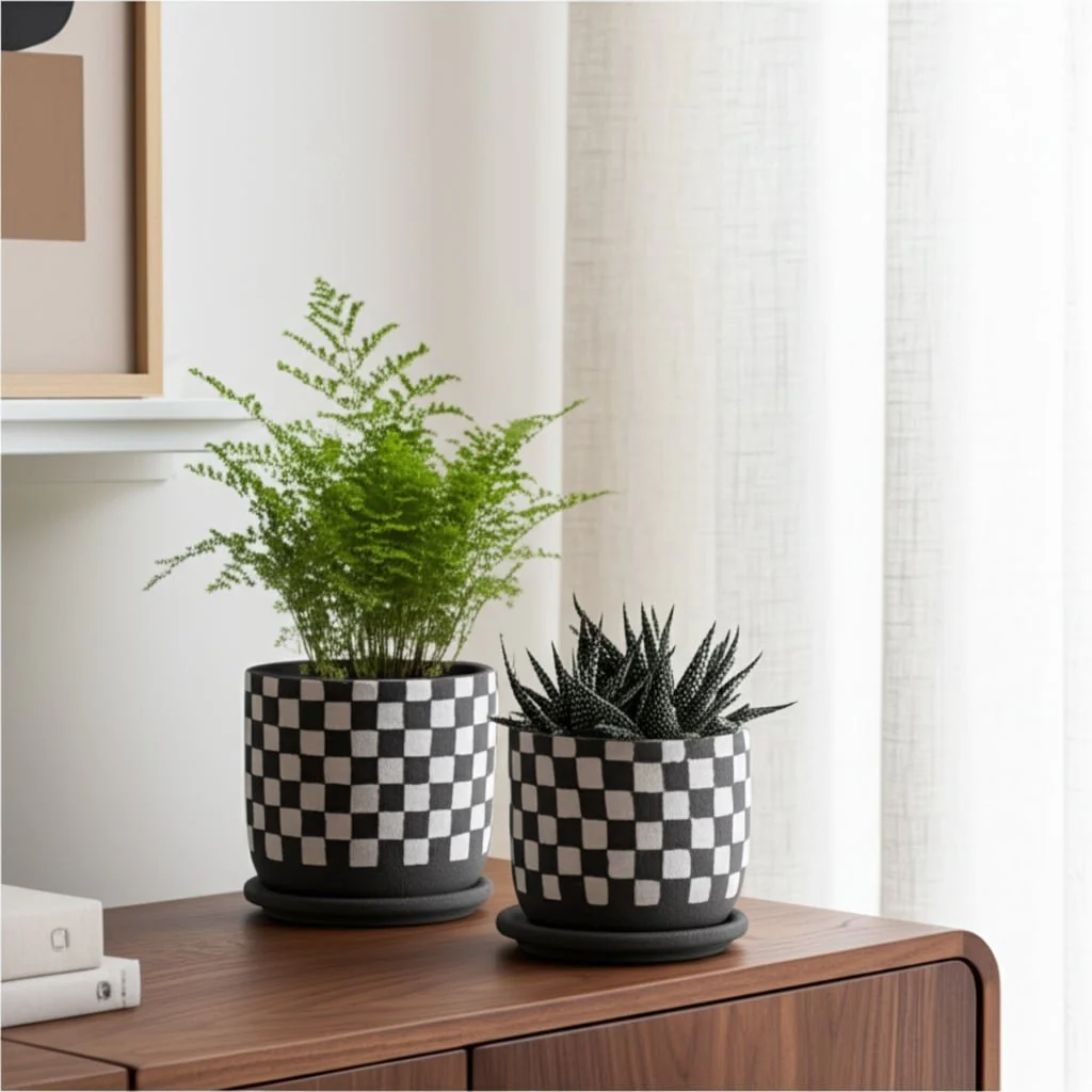 S/2 5/6" Checkerboard Saucer Planters, Black/white - Image 9