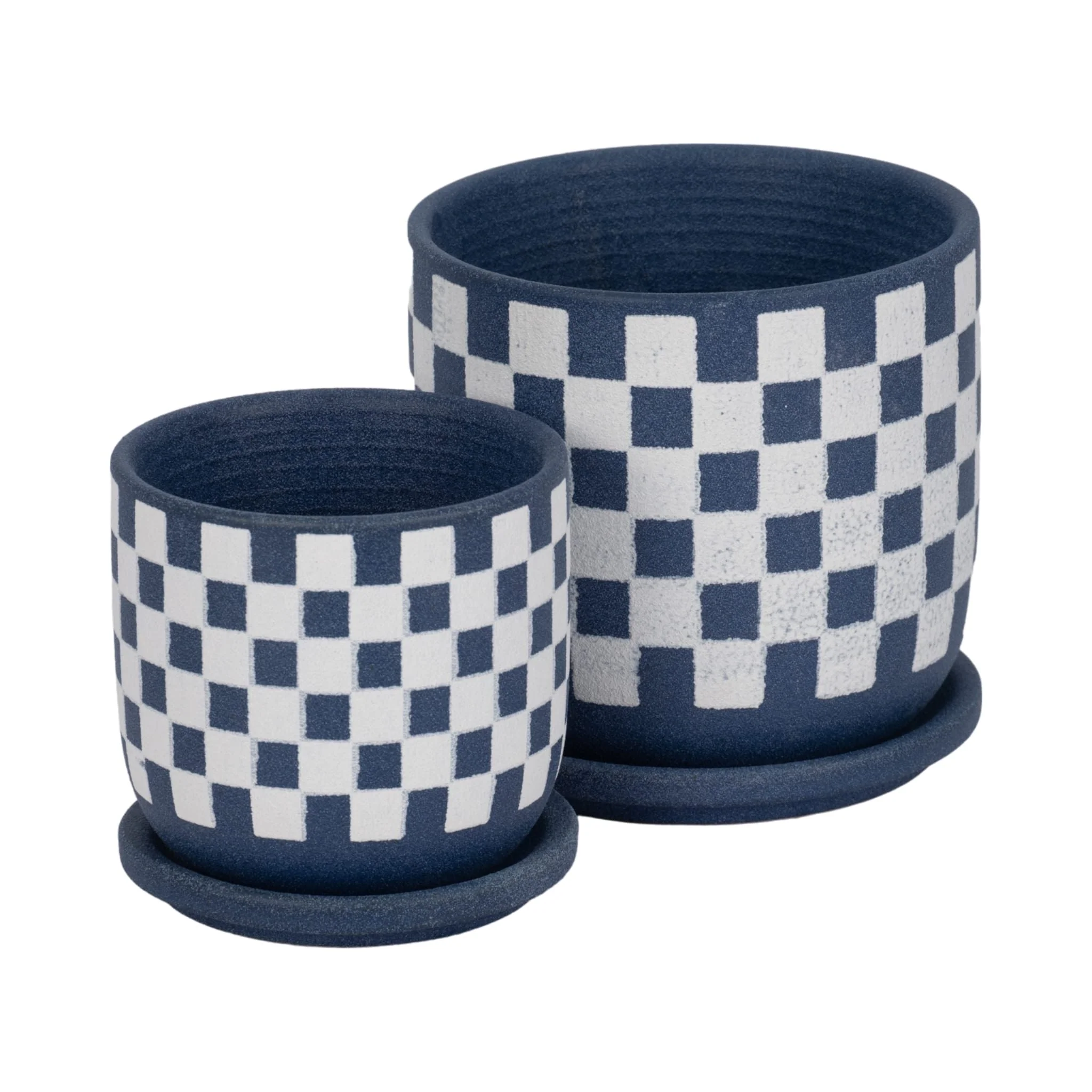 S/2 5/6" Checkerboard Saucer Planters, Blue/white - Image 4