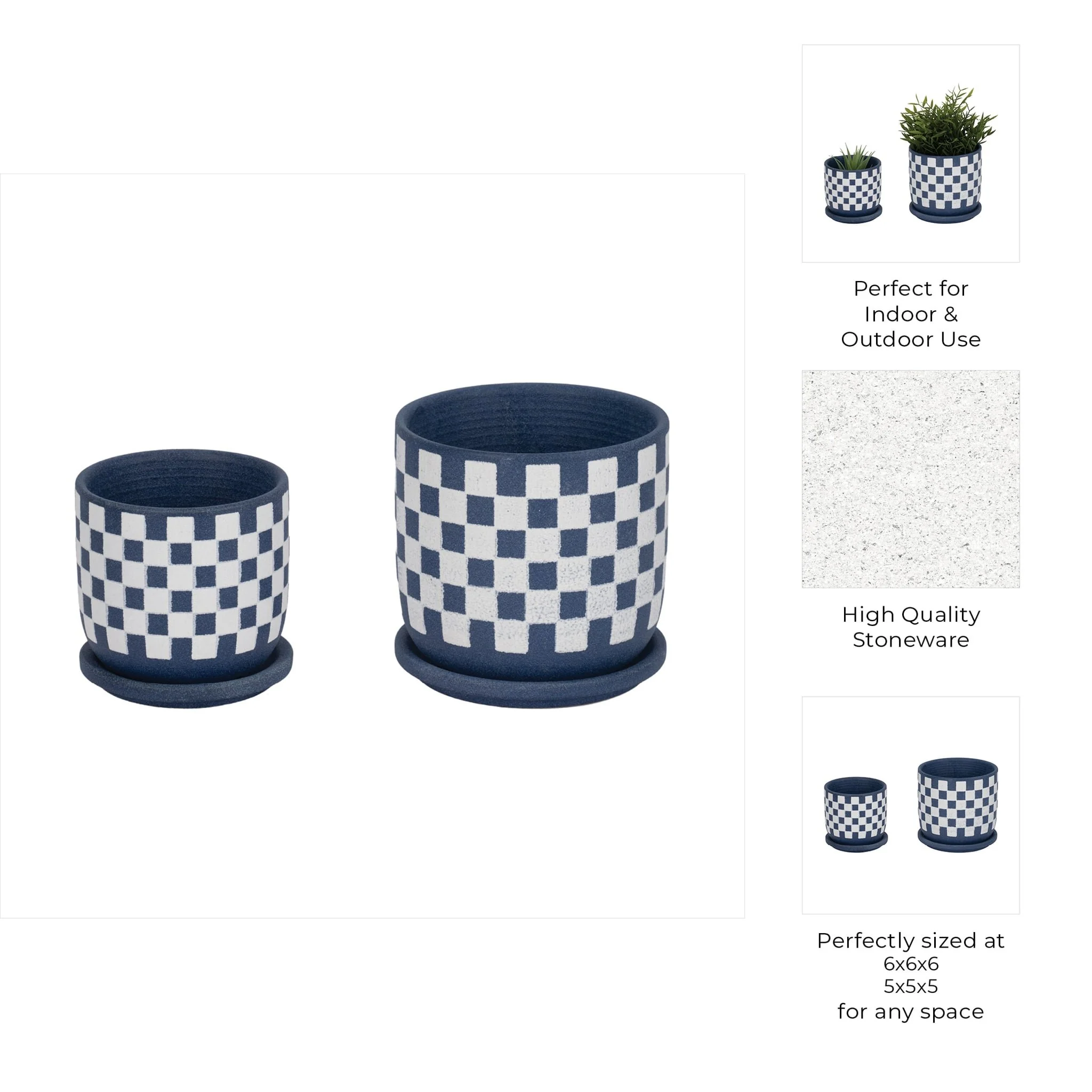S/2 5/6" Checkerboard Saucer Planters, Blue/white - Image 8