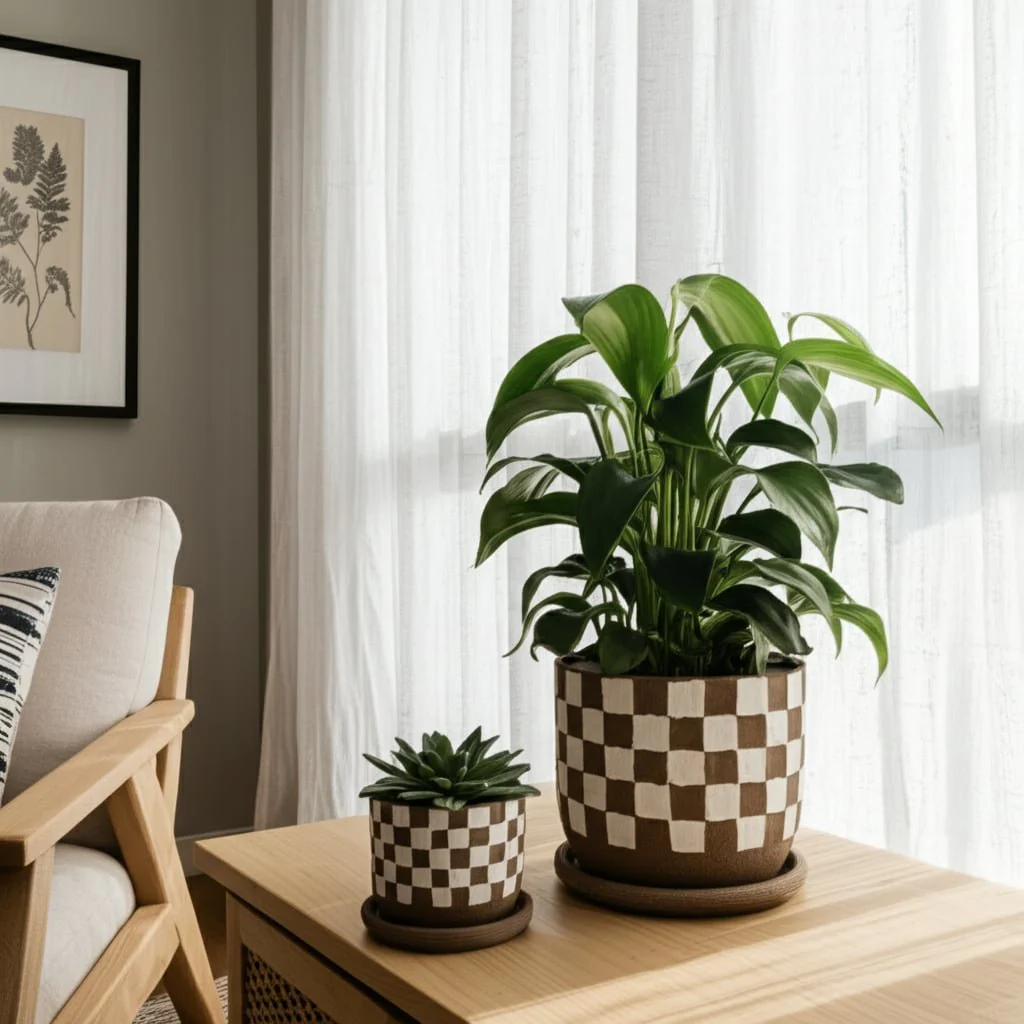 S/2 5/6" Checkerboard Saucer Planters, White/tan - Image 10