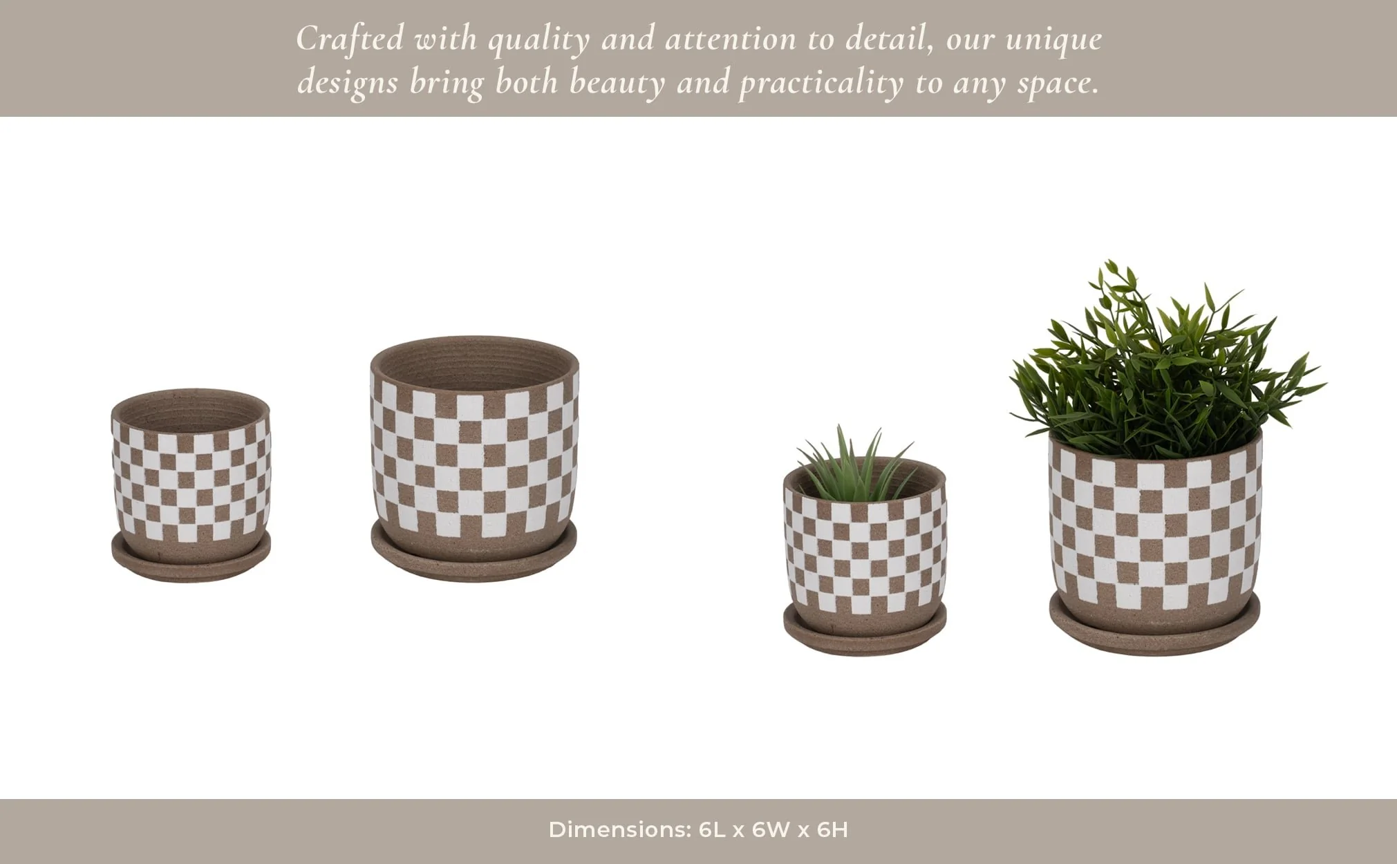 S/2 5/6" Checkerboard Saucer Planters, White/tan - Image 11