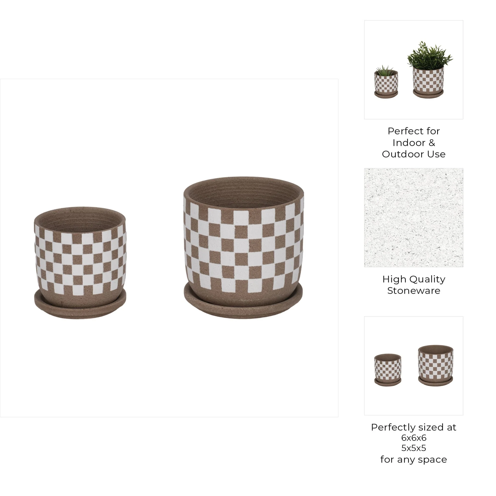 S/2 5/6" Checkerboard Saucer Planters, White/tan - Image 8
