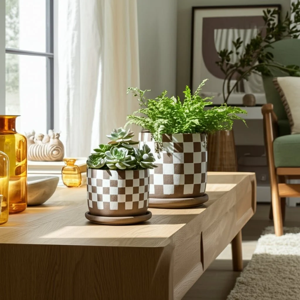 S/2 5/6" Checkerboard Saucer Planters, White/tan - Image 9