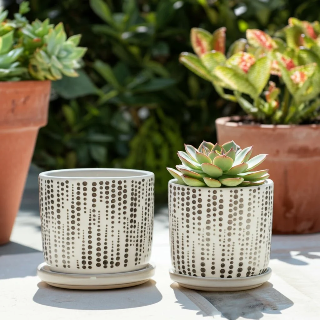 S/2 5/6" Dotted Planters W/ Saucer, Beige - Image 9