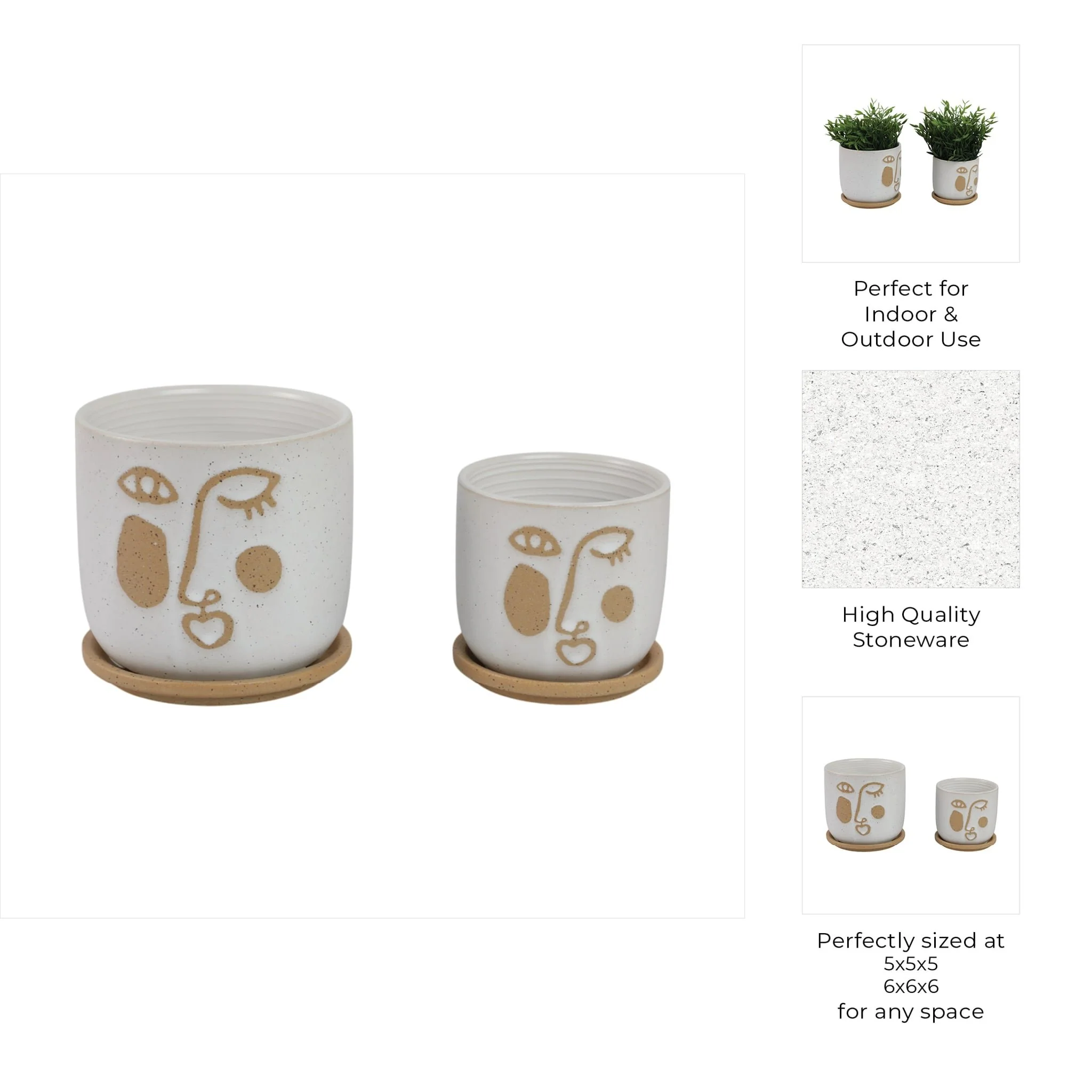 S/2 5/6" Funky Face Planter W/ Saucer, Beige - Image 10