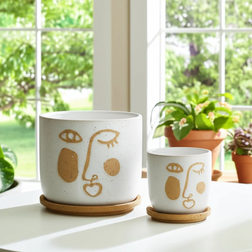 S/2 5/6" Funky Face Planter W/ Saucer, Beige - Image 11