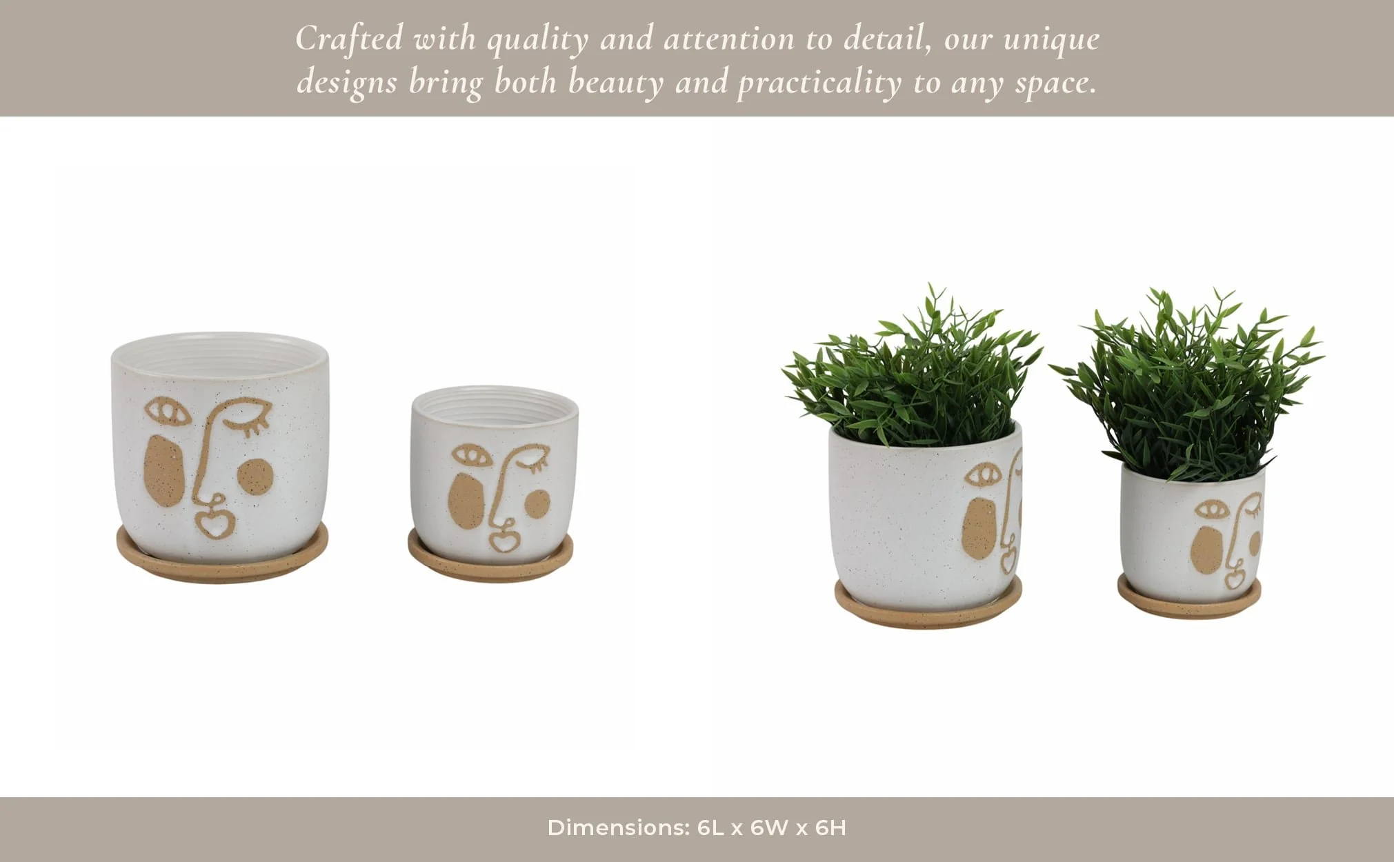 S/2 5/6" Funky Face Planter W/ Saucer, Beige - Image 13