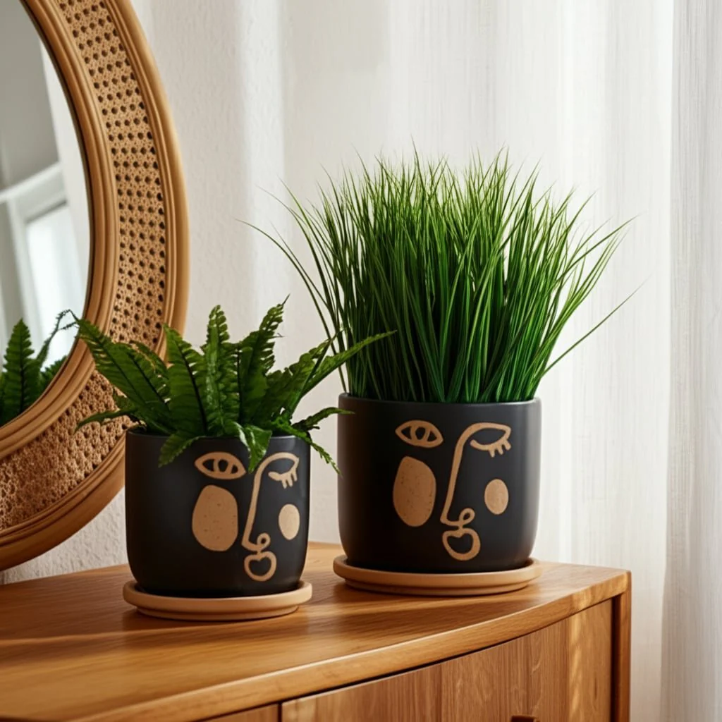 S/2 5/6" Funky Face Planter W/ Saucer, Black - Image 10