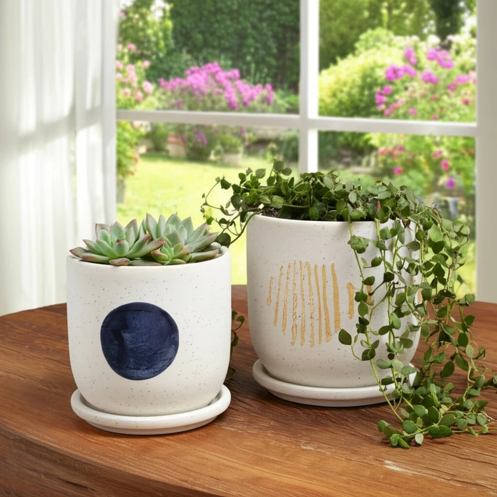 S/2 5/6" Funky Planter W/ Saucer, White - Image 11
