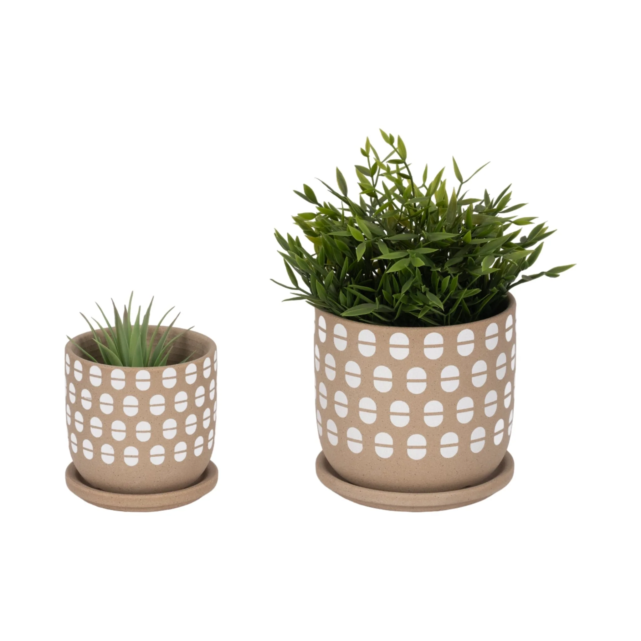 S/2 5/6" Hand Stamped Saucer Planters, Tan/white - Image 2