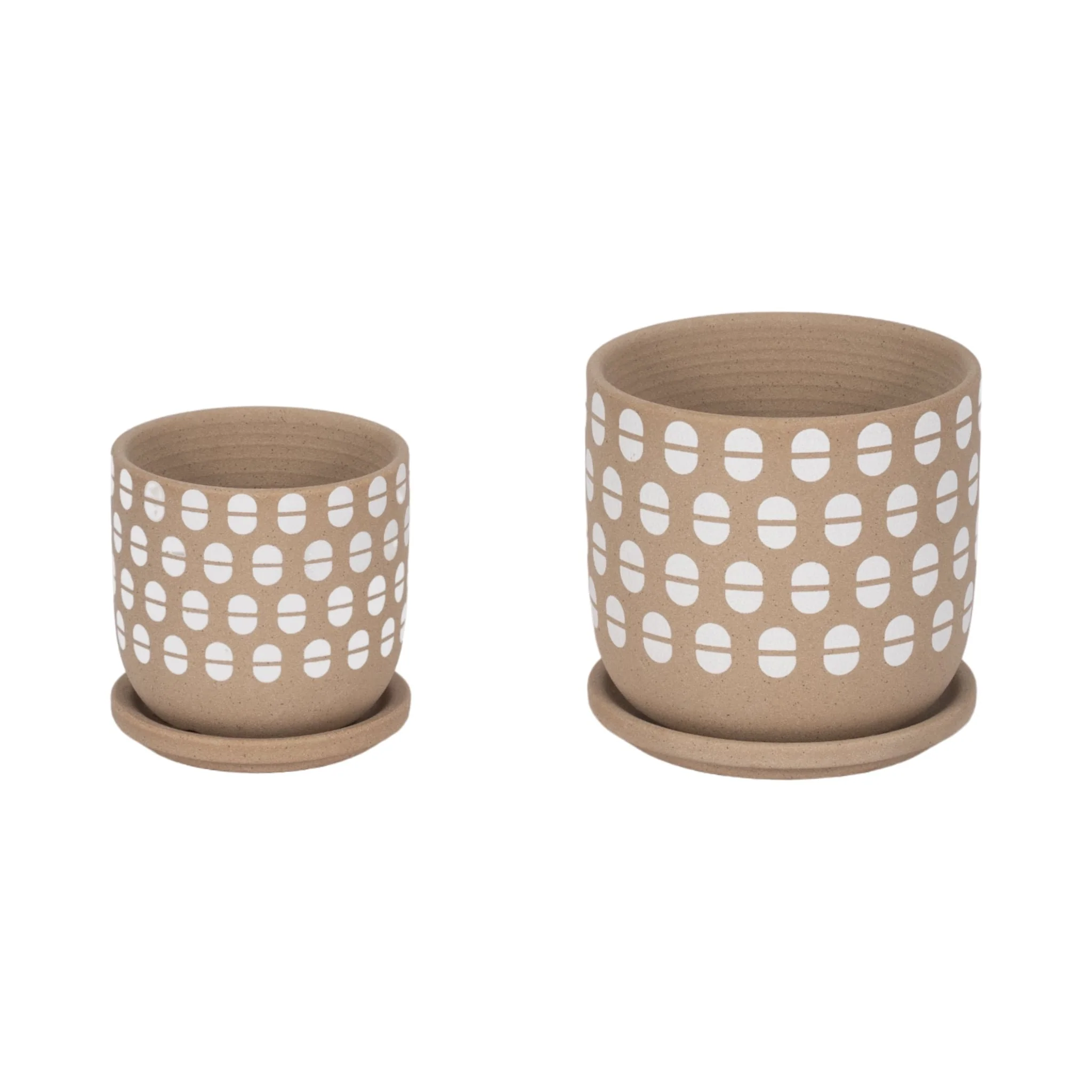 S/2 5/6" Hand Stamped Saucer Planters, Tan/white - Image 3