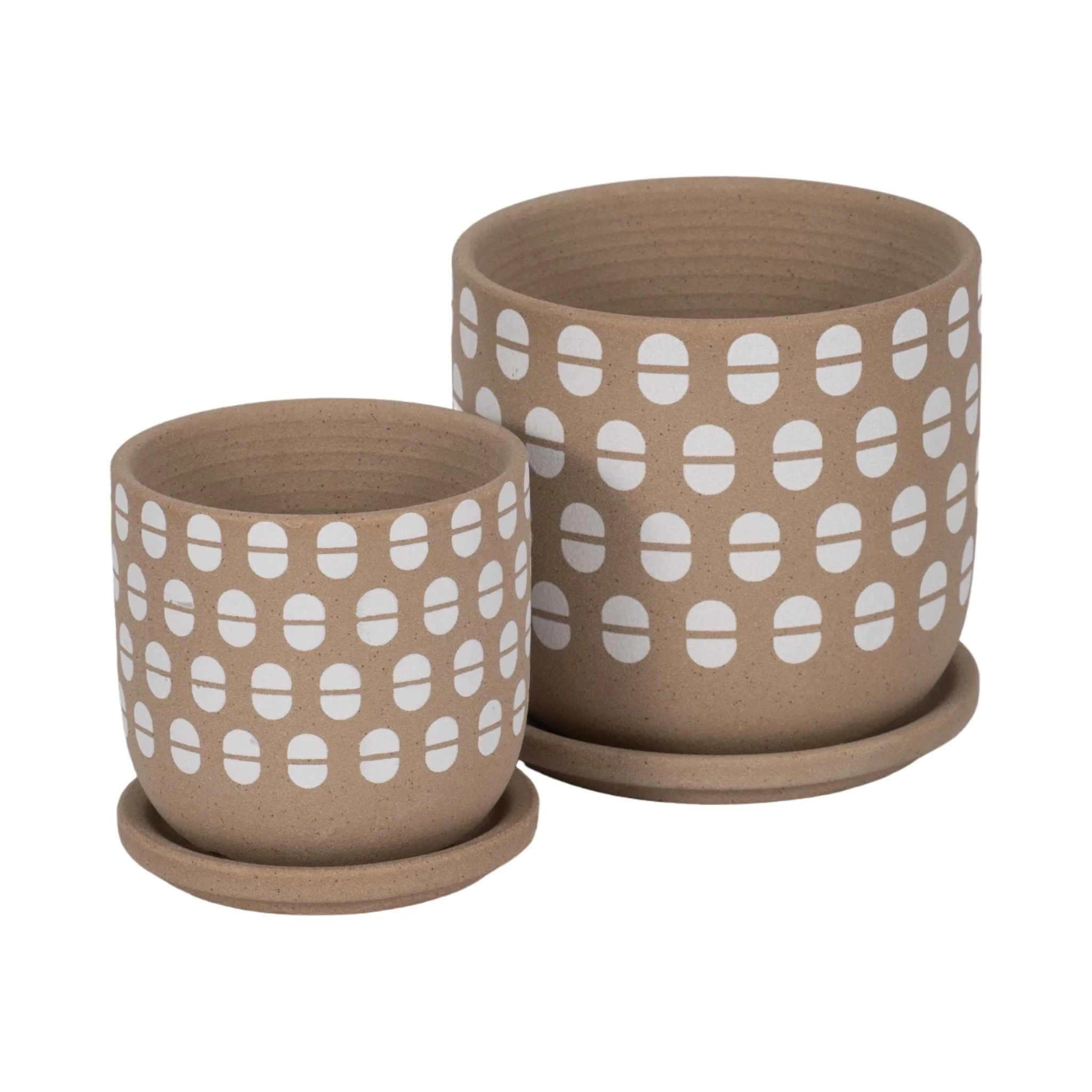 S/2 5/6" Hand Stamped Saucer Planters, Tan/white - Image 4