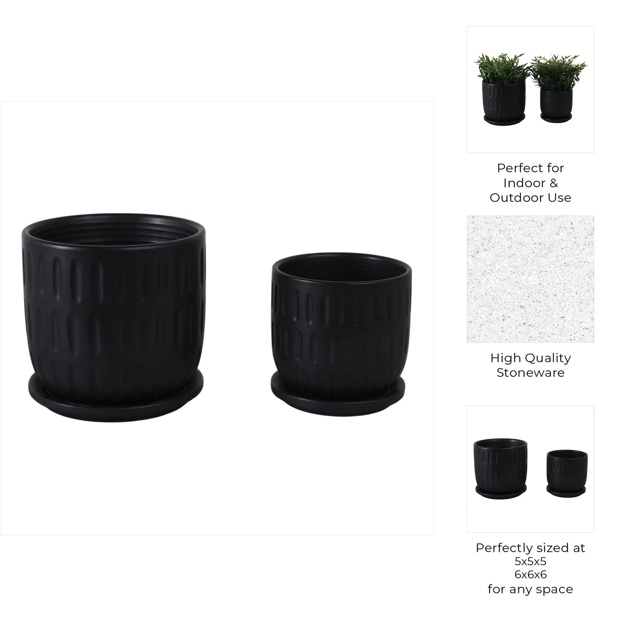 S/2 5/6" Textured Planter W/ Saucer,  Matte Black - Image 9