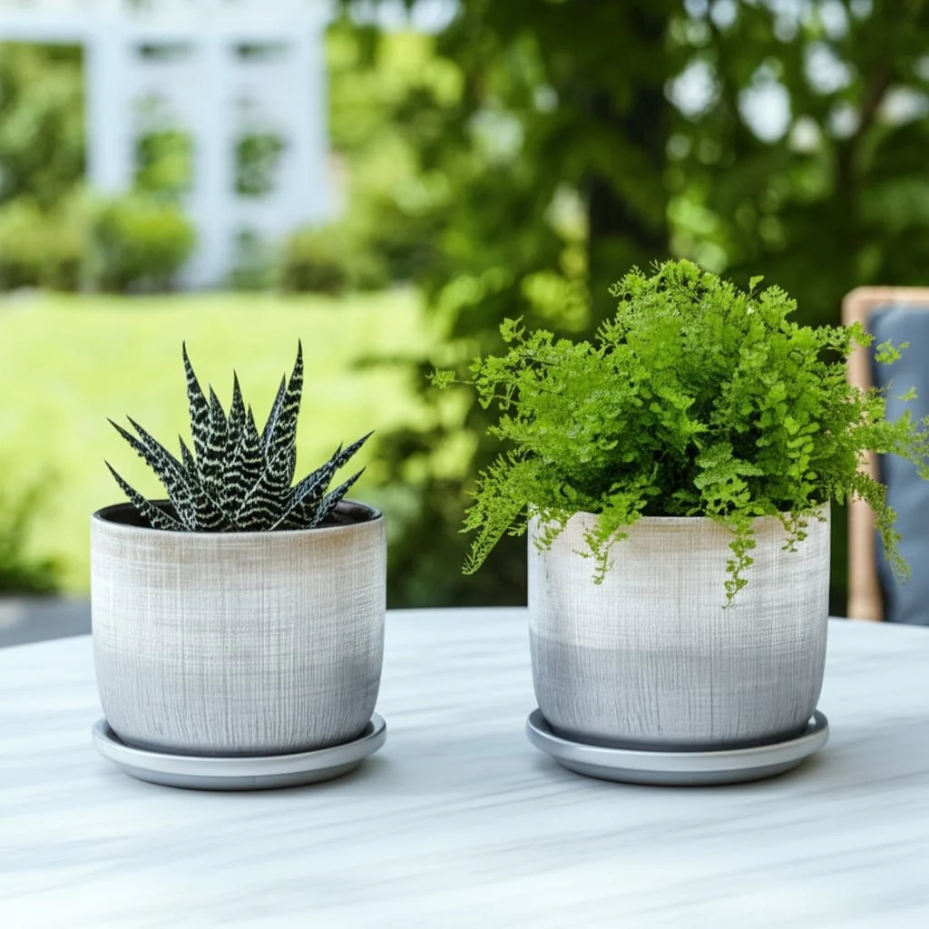 S/2 5/6" Textured Planter With Saucer, Silver - Image 11