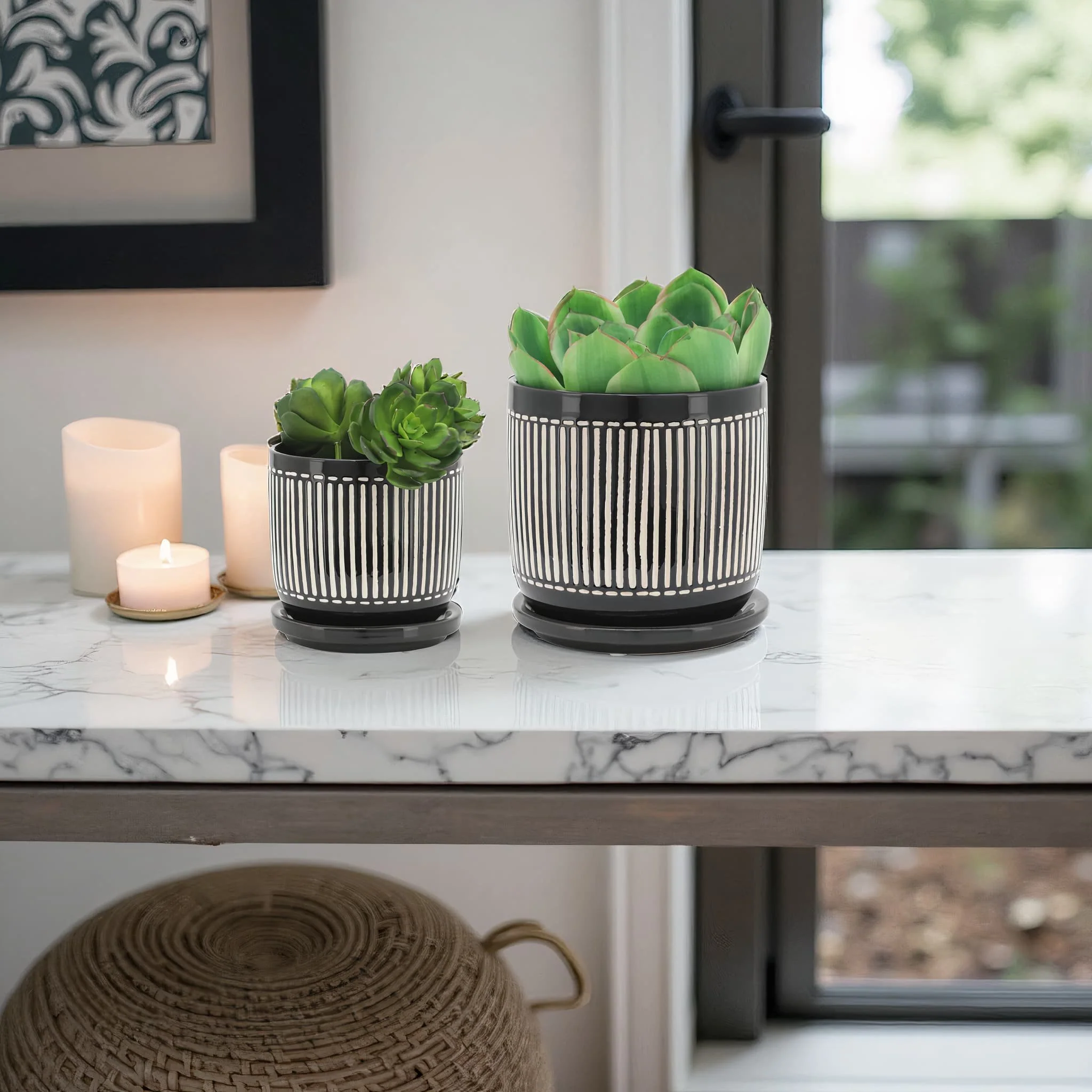 S/2 5/6" Vertical Lines Planter W/ Saucer, Black - Image 11