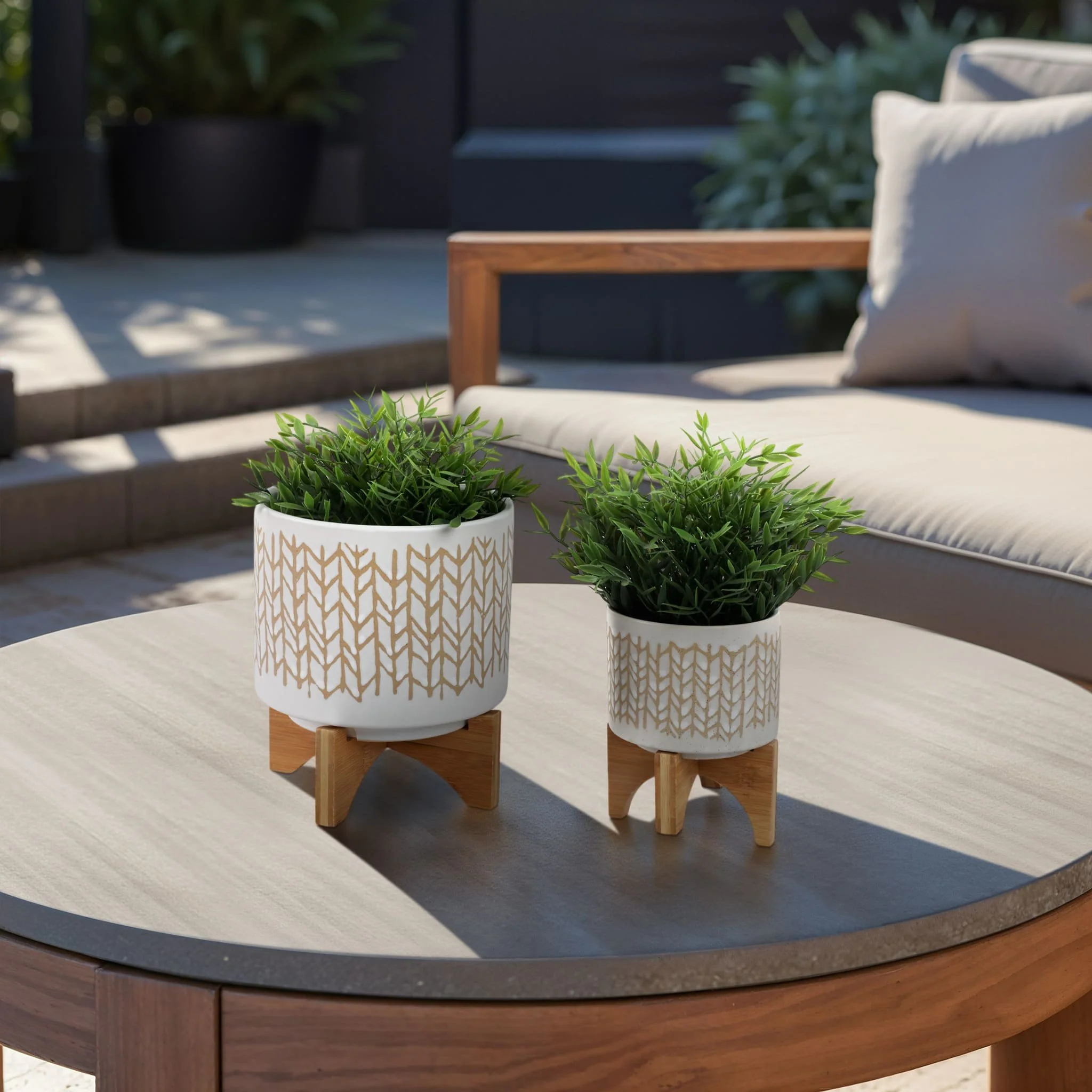S/2 5/8" Chevron Planter W/ Wood Stand, Beige - Image 10