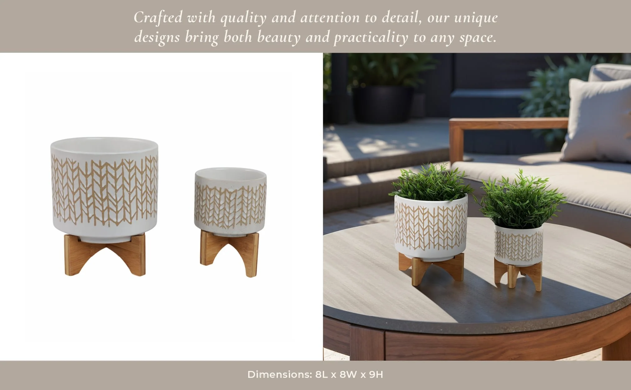 S/2 5/8" Chevron Planter W/ Wood Stand, Beige - Image 11