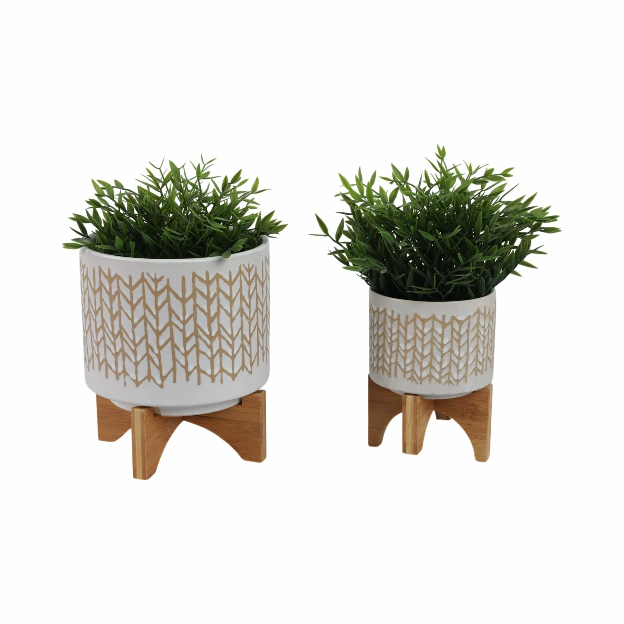 S/2 5/8" Chevron Planter W/ Wood Stand, Beige - Image 2