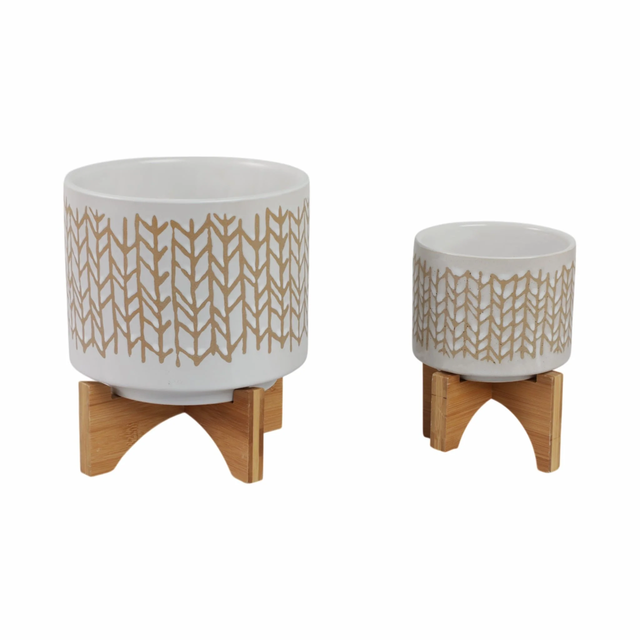 S/2 5/8" Chevron Planter W/ Wood Stand, Beige - Image 4