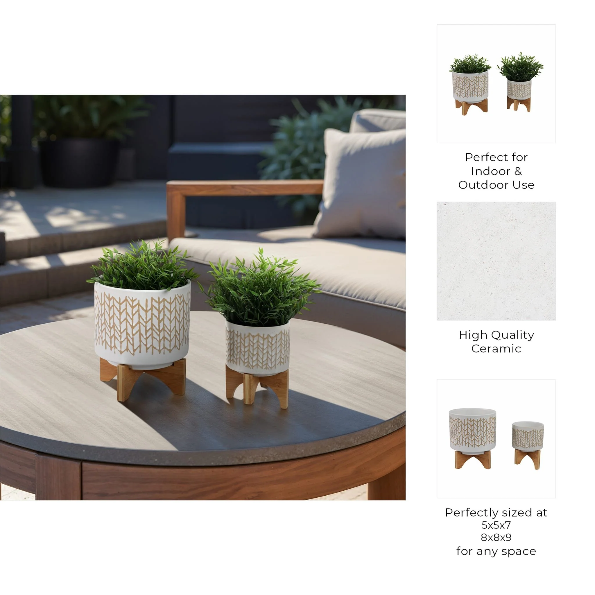 S/2 5/8" Chevron Planter W/ Wood Stand, Beige - Image 9
