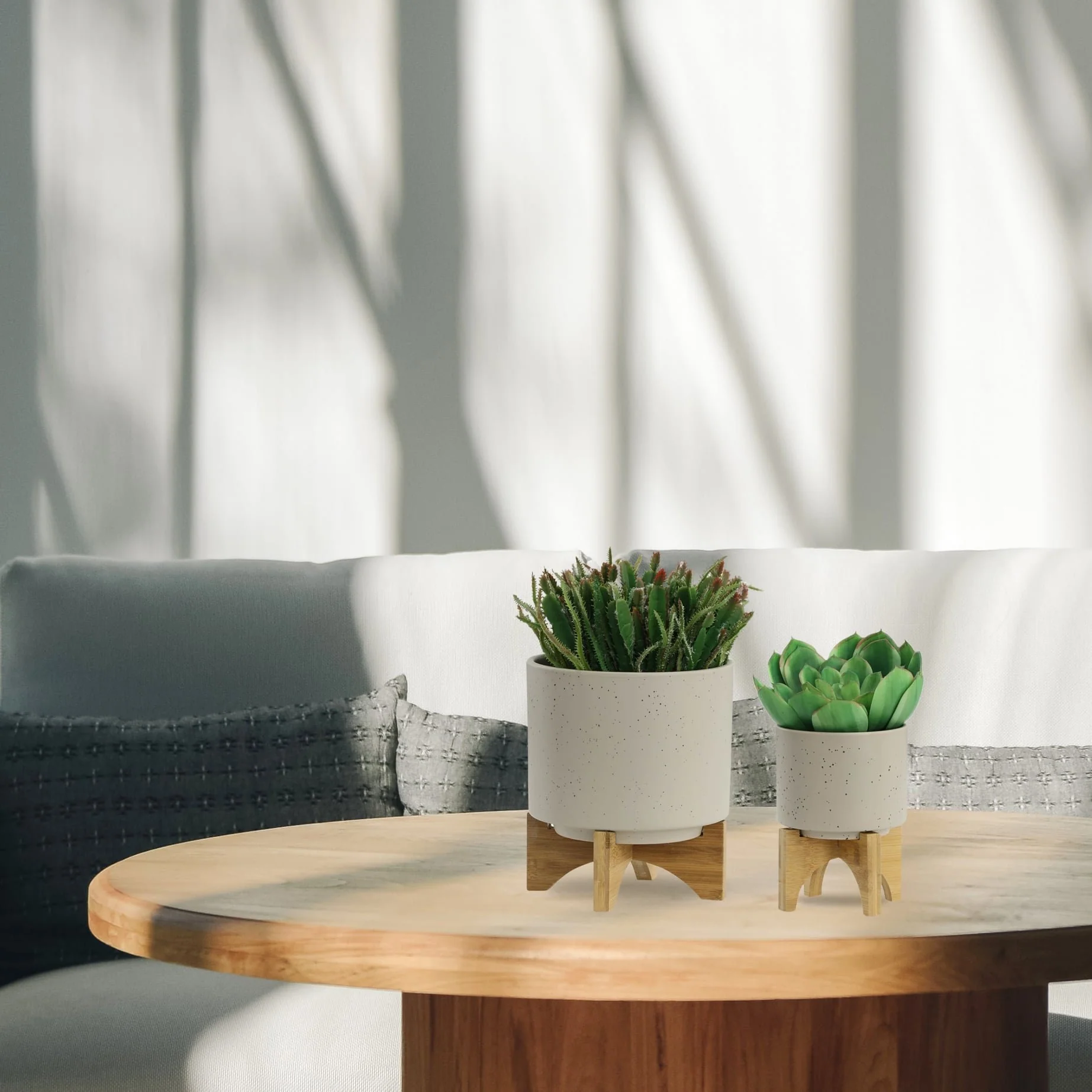 S/2 5/8" Planter W/ Wood Stand, Matte Beige - Image 10