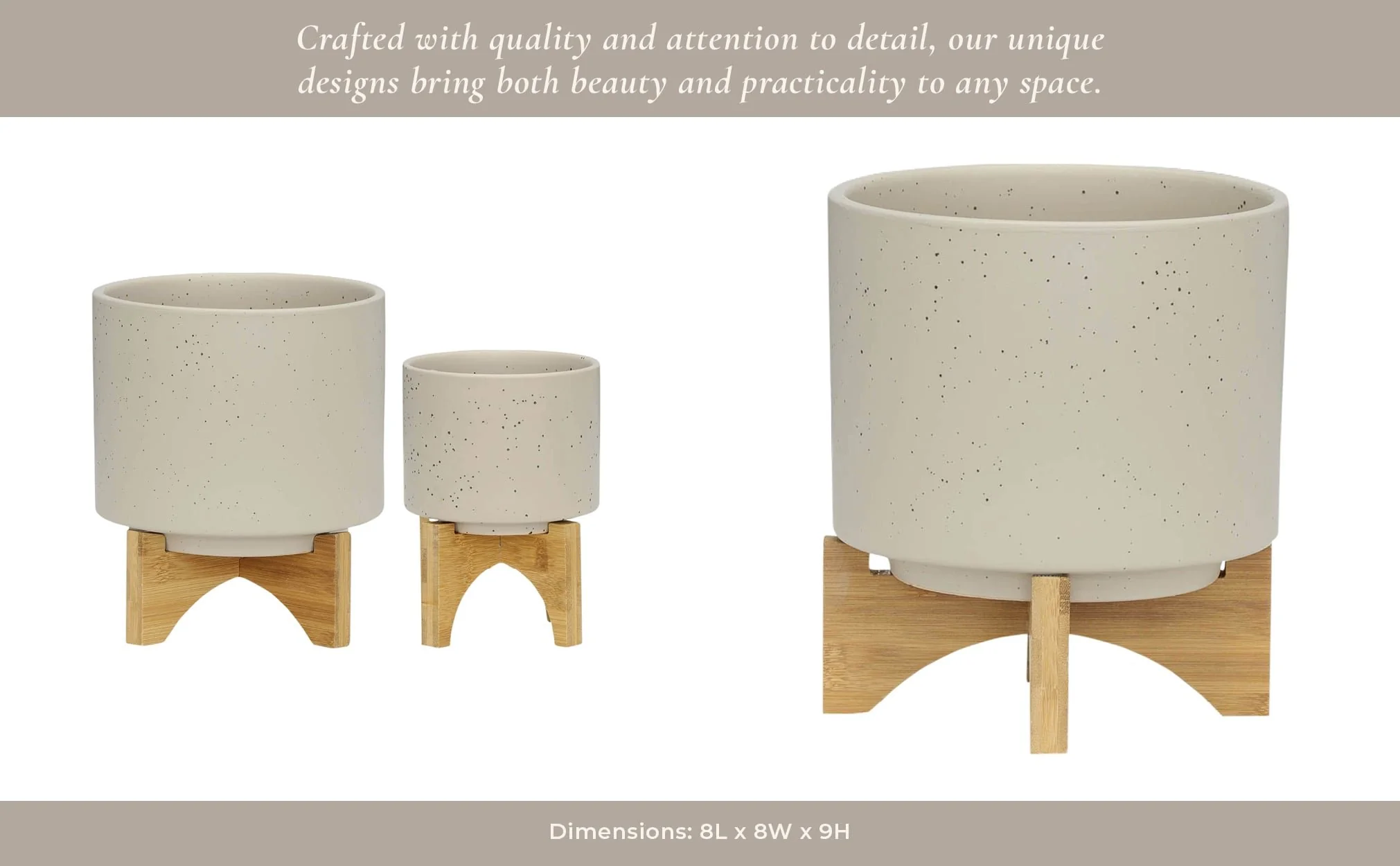 S/2 5/8" Planter W/ Wood Stand, Matte Beige - Image 11