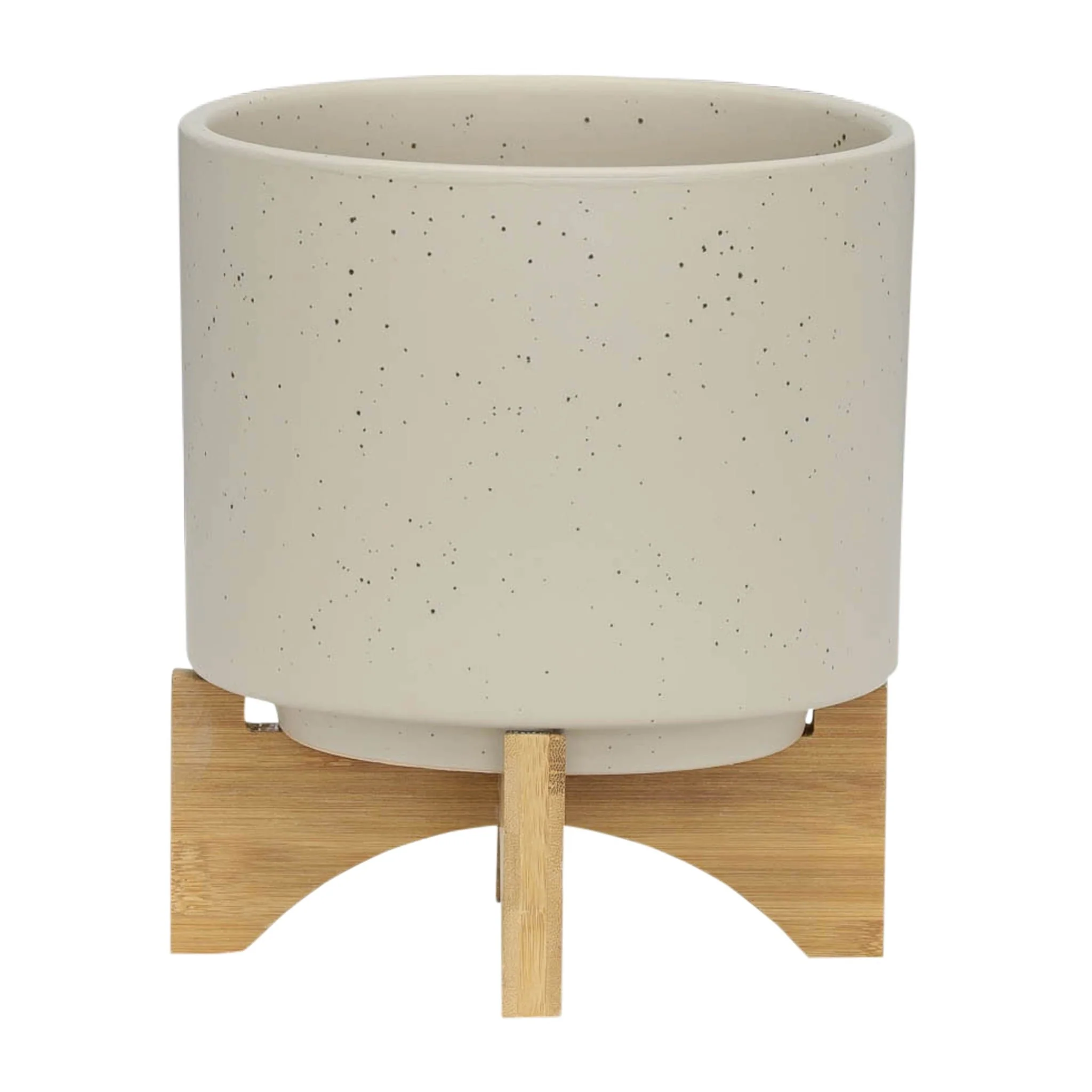S/2 5/8" Planter W/ Wood Stand, Matte Beige - Image 2