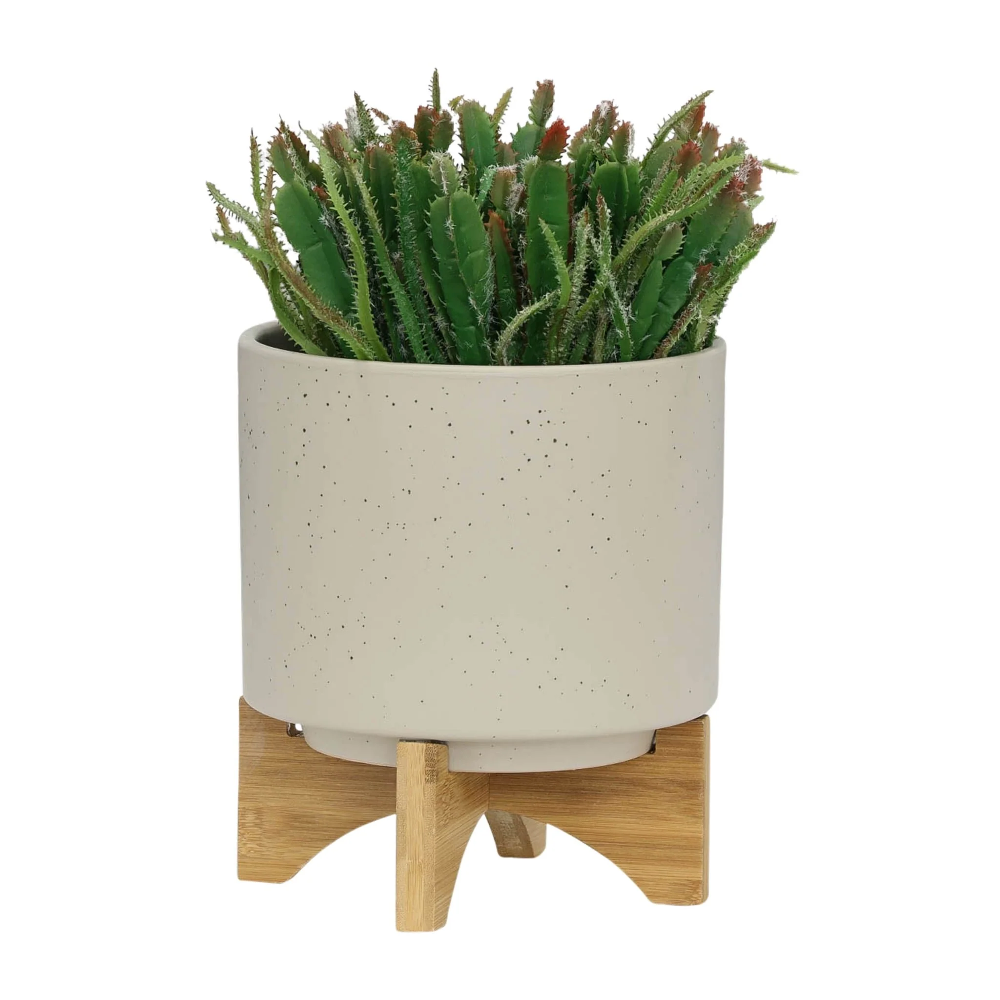 S/2 5/8" Planter W/ Wood Stand, Matte Beige - Image 3