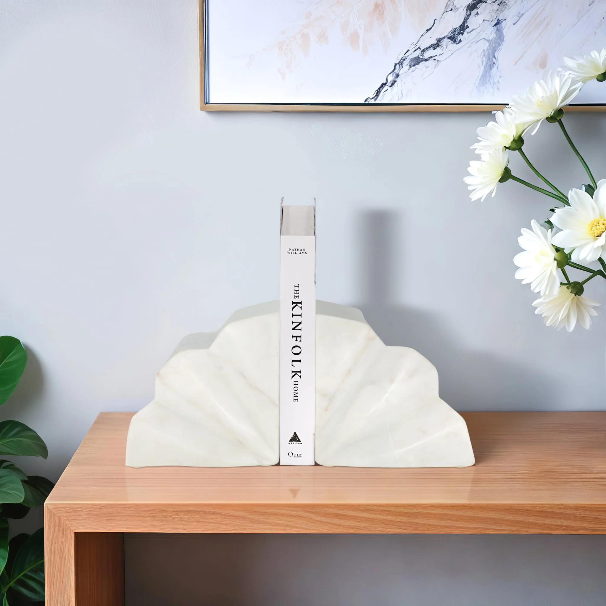 S/2 5" Semi Circle Fluted Marble Bookends, White - Image 9