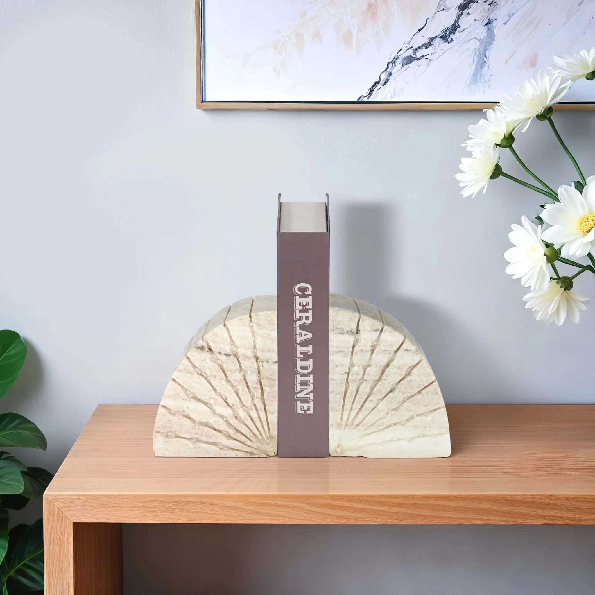 S/2 5" Semi Circle Onyx Marble Bookends, Tan - Image 9