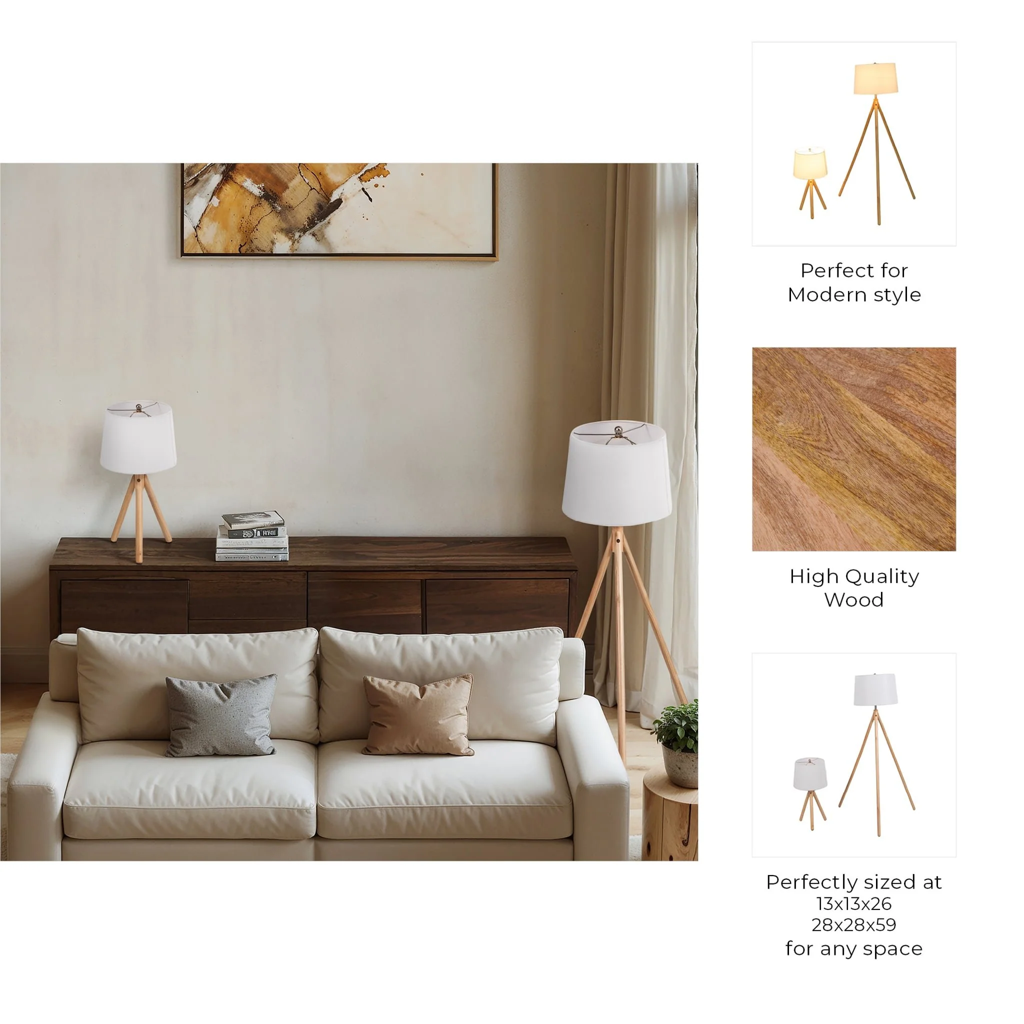 S/2 59/26" Wood Tripod Table&floor Lamps,natural - Image 8