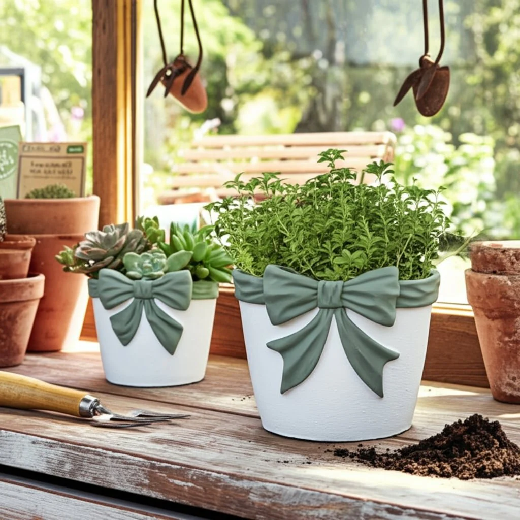 S/2 6/7" Big Bow Planters, White/green - Image 13