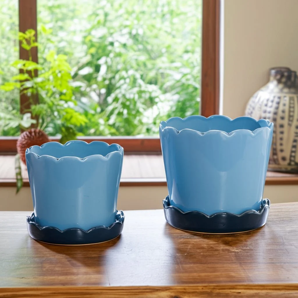 S/2 6/8" Color Block Scallop Edge Planters, Blue - Image 11