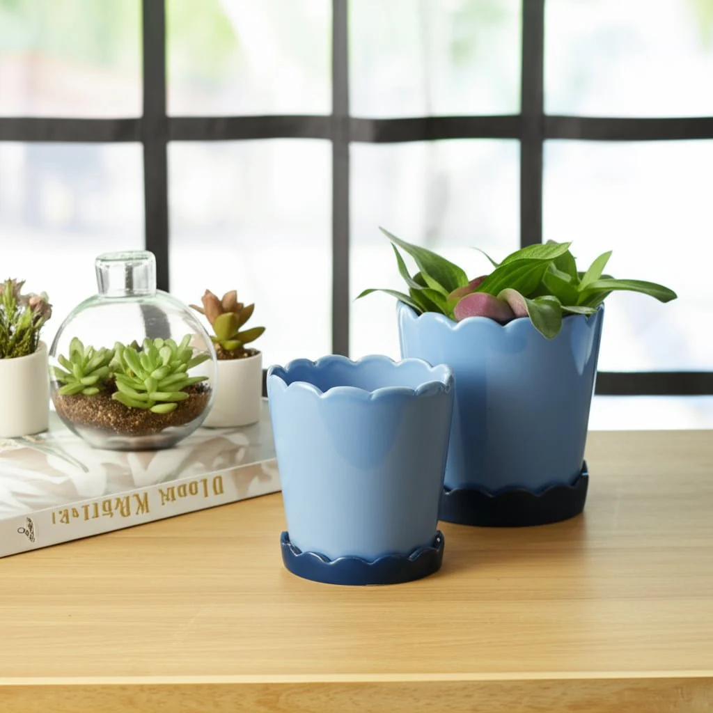 S/2 6/8" Color Block Scallop Edge Planters, Blue - Image 12