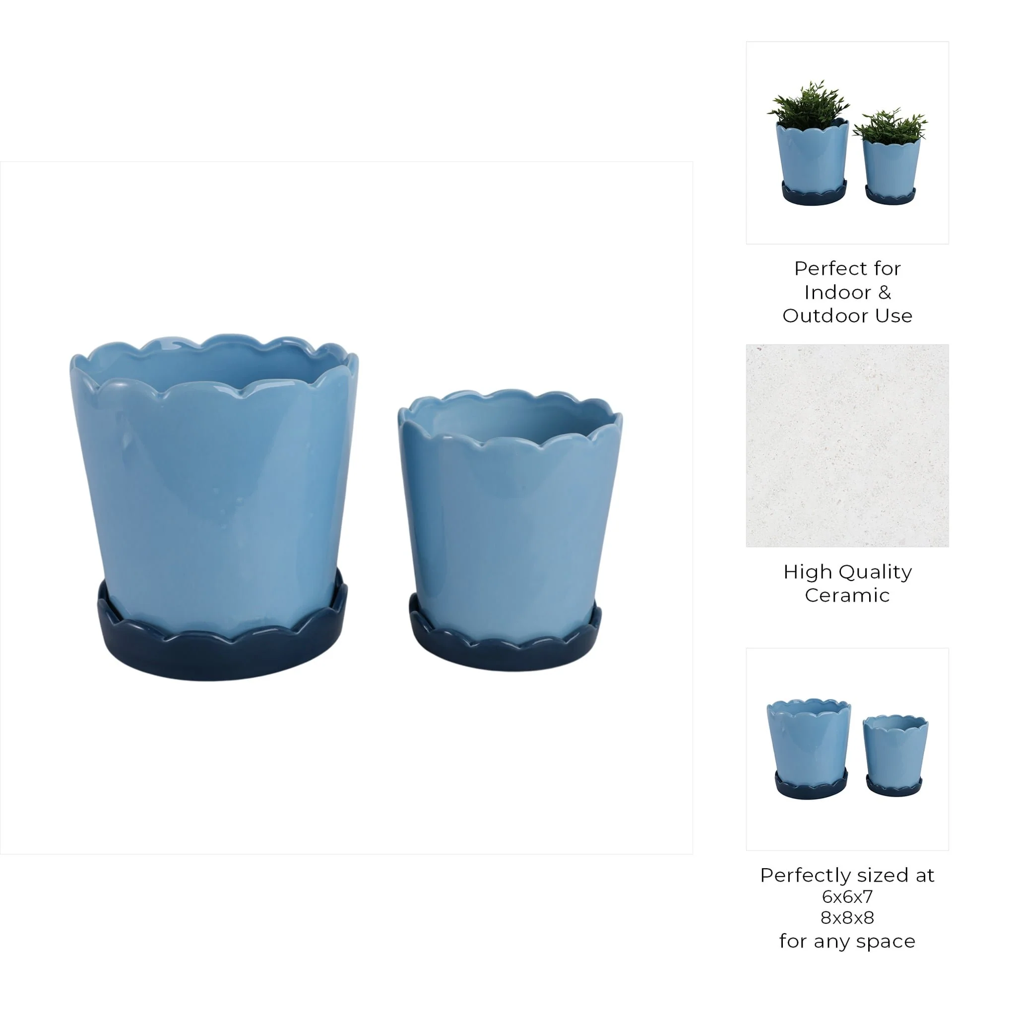 S/2 6/8" Color Block Scallop Edge Planters, Blue - Image 9