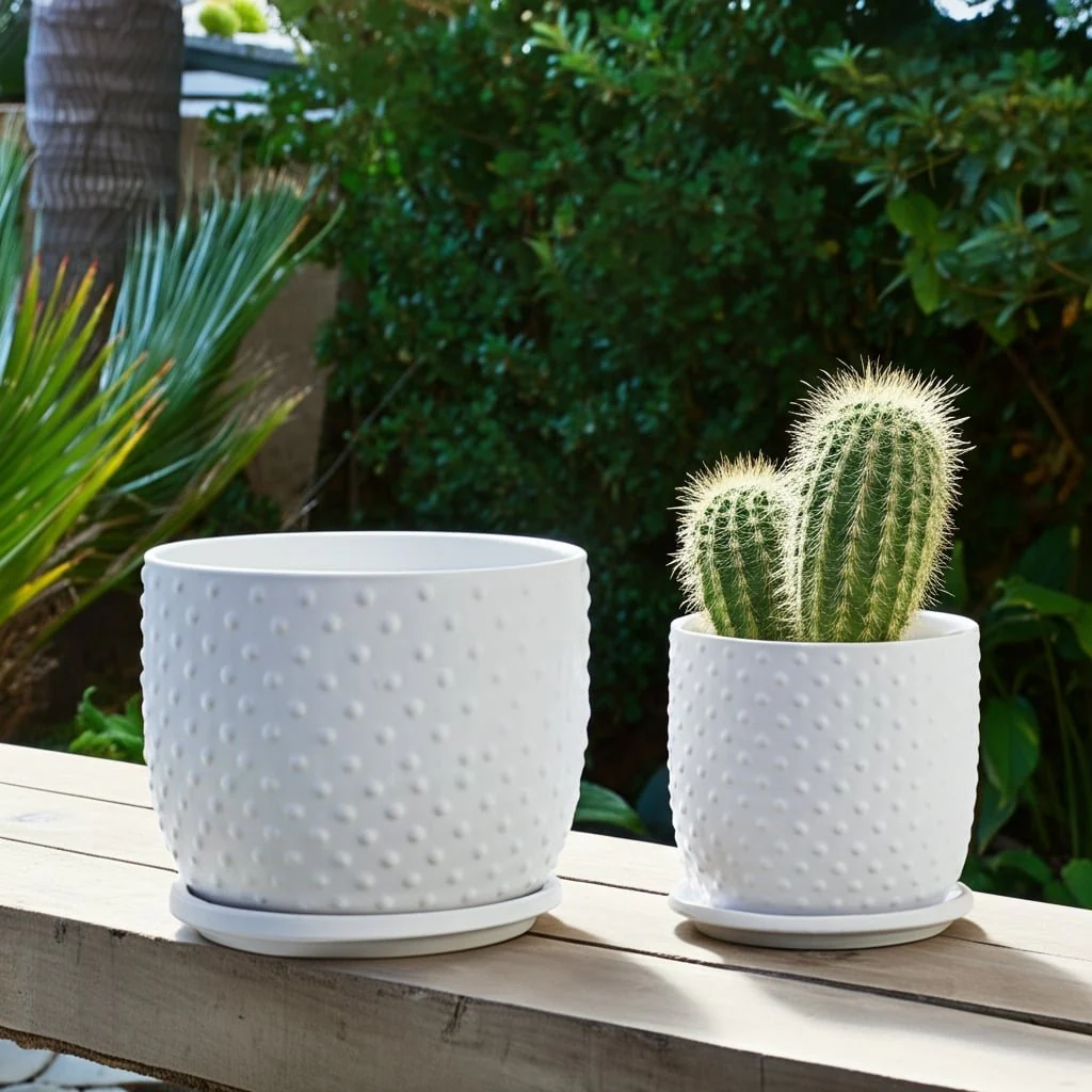 S/2 6/8" Dotted Planter W/ Saucer, White - Image 11