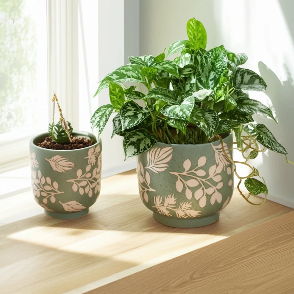 S/2 6/8" Hand Painted Leaves Planters, Green/tan - Image 11