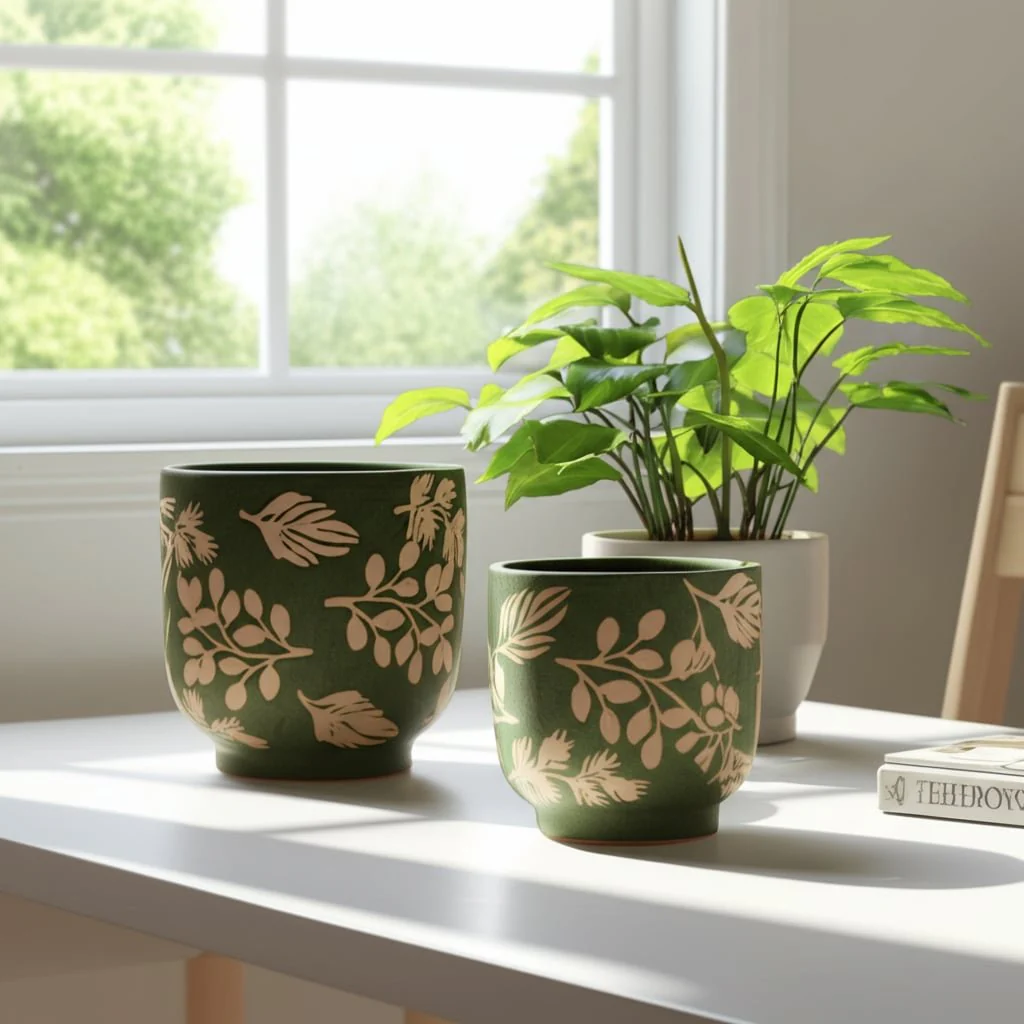 S/2 6/8" Hand Painted Leaves Planters, Green/tan - Image 12
