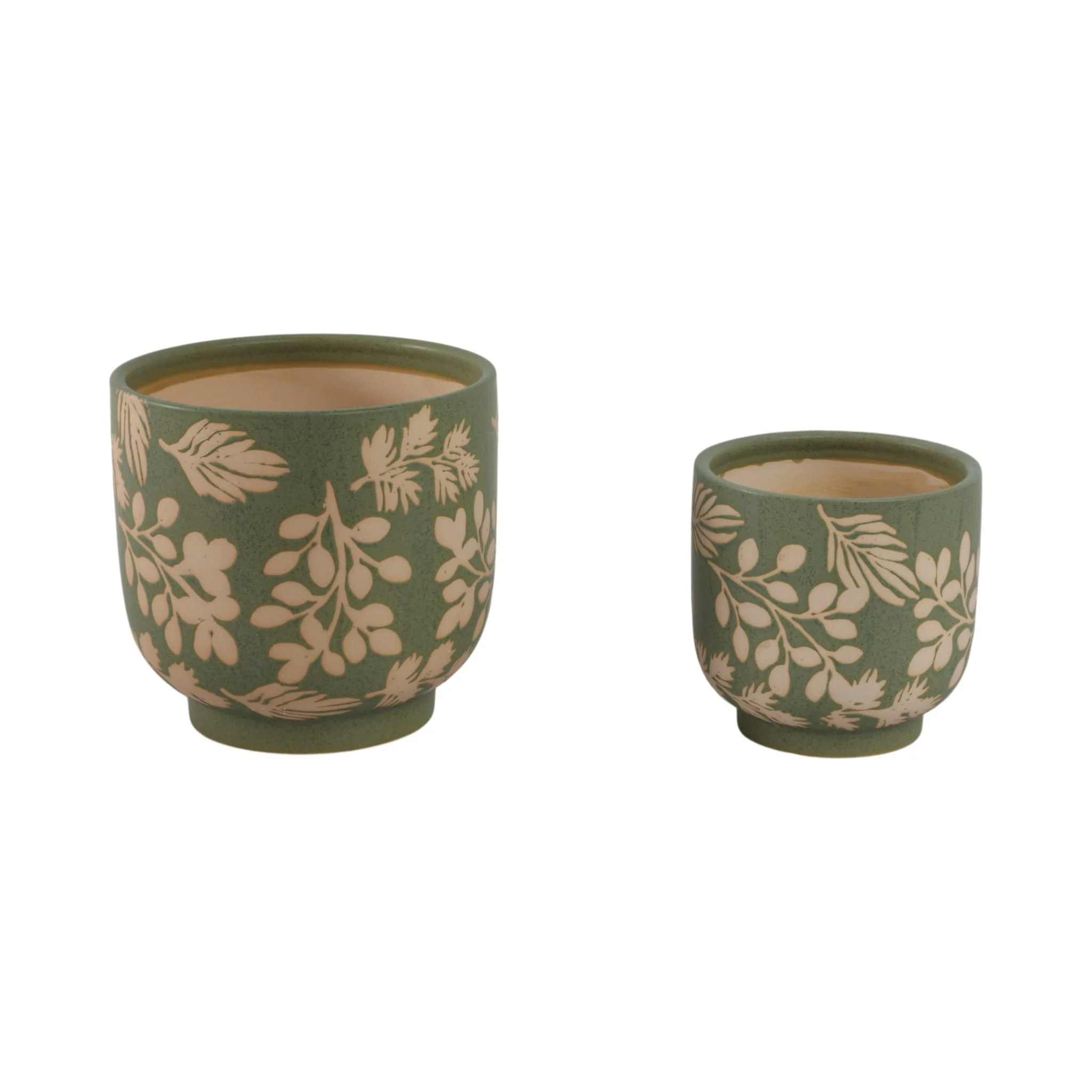 S/2 6/8" Hand Painted Leaves Planters, Green/tan - Image 3
