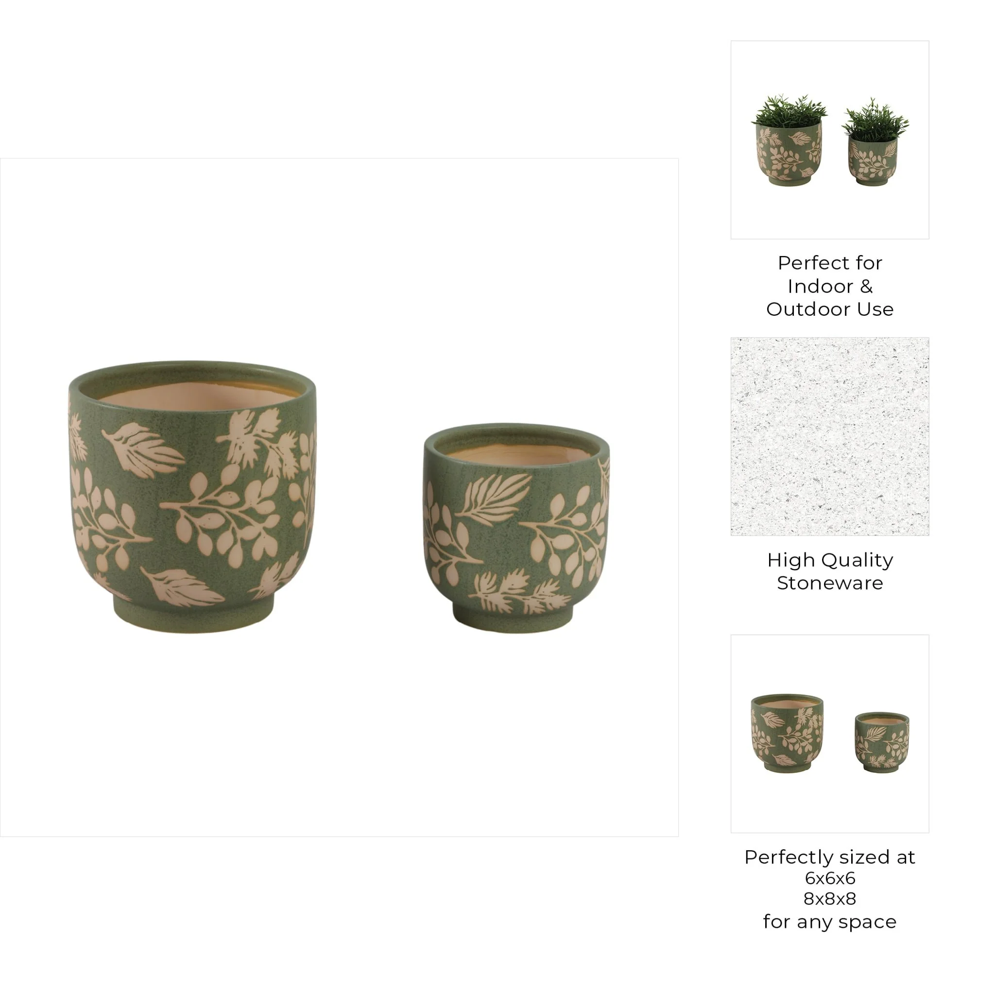 S/2 6/8" Hand Painted Leaves Planters, Green/tan - Image 9
