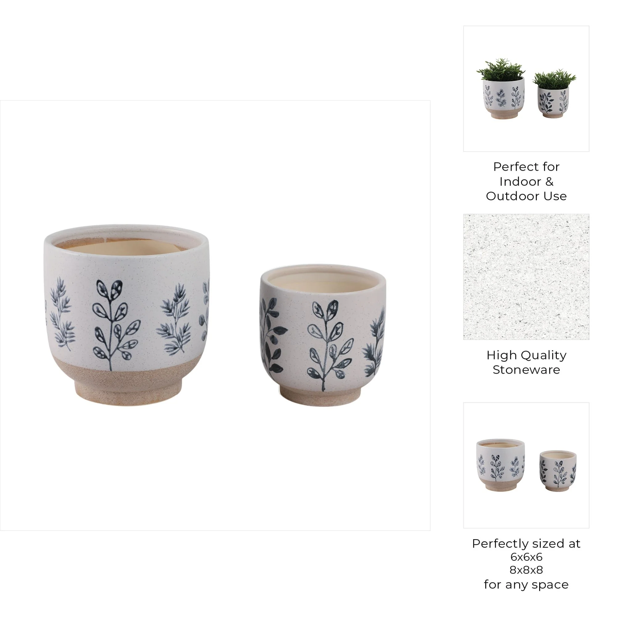 S/2 6/8" Hand Painted Leaves Planters, White/blue - Image 8